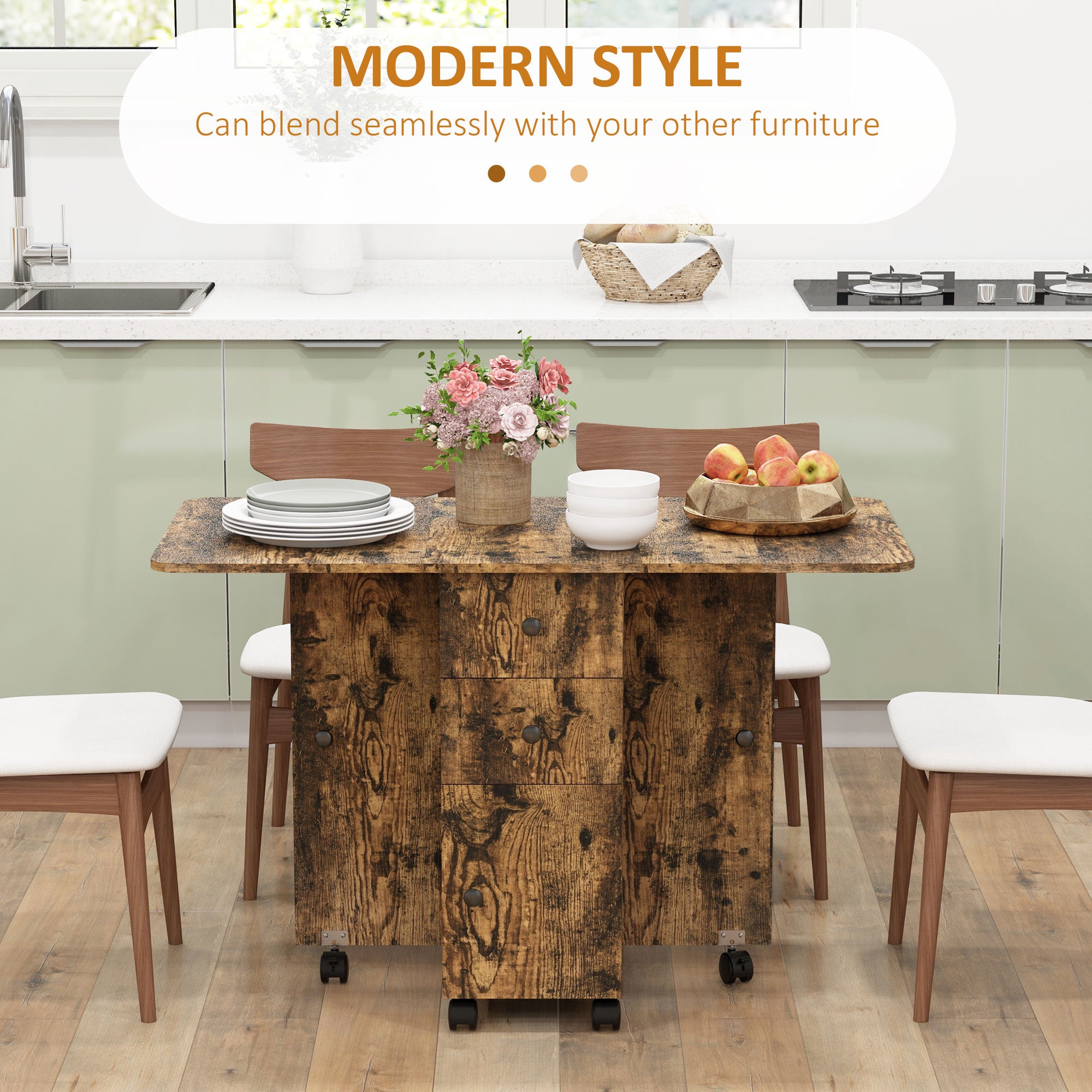 HOMCOM Folding Dining Table for 4-6, Rolling Drop Leaf Table with Storage Drawers, Cabinet and Open Shelf, Extendable Kitchen Table on Wheels, Rustic Brown