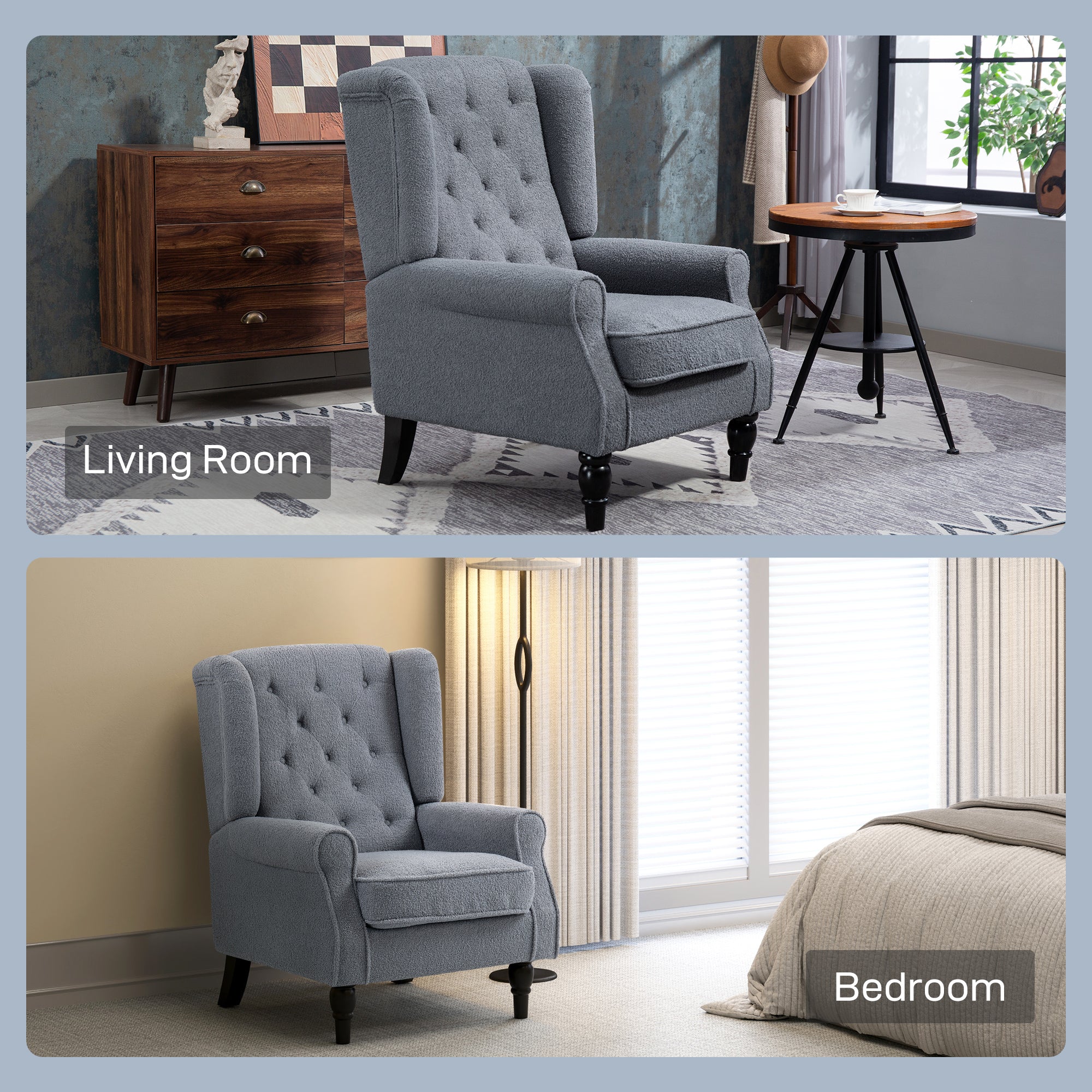 Retro Accent Chair, Teddy Fleece Wingback Armchair with Wood Frame Button Tufted Design for Living Room Bedroom, Grey