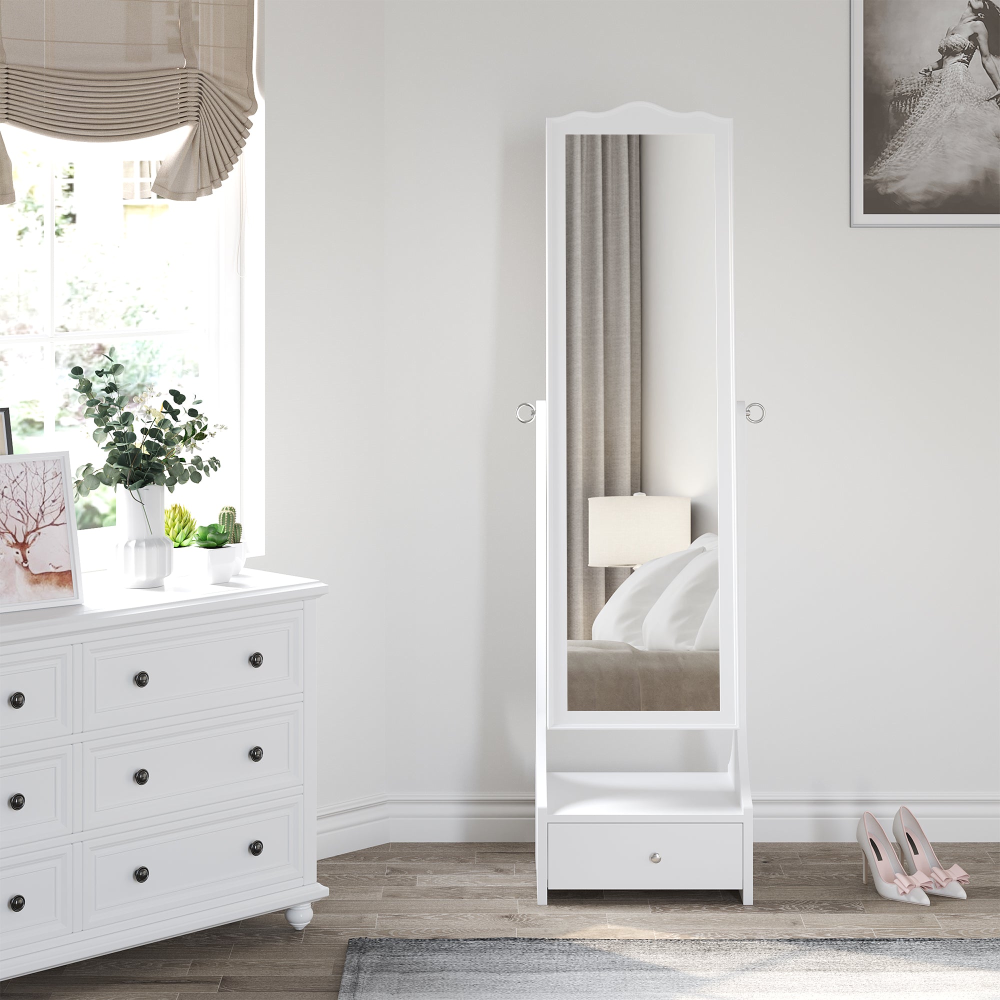 HOMCOM Standing Jewelry Cabinet Organizer, Lockable Jewelry Armoire with LED Lights, Full Length Mirror, Adjustable Angle, White