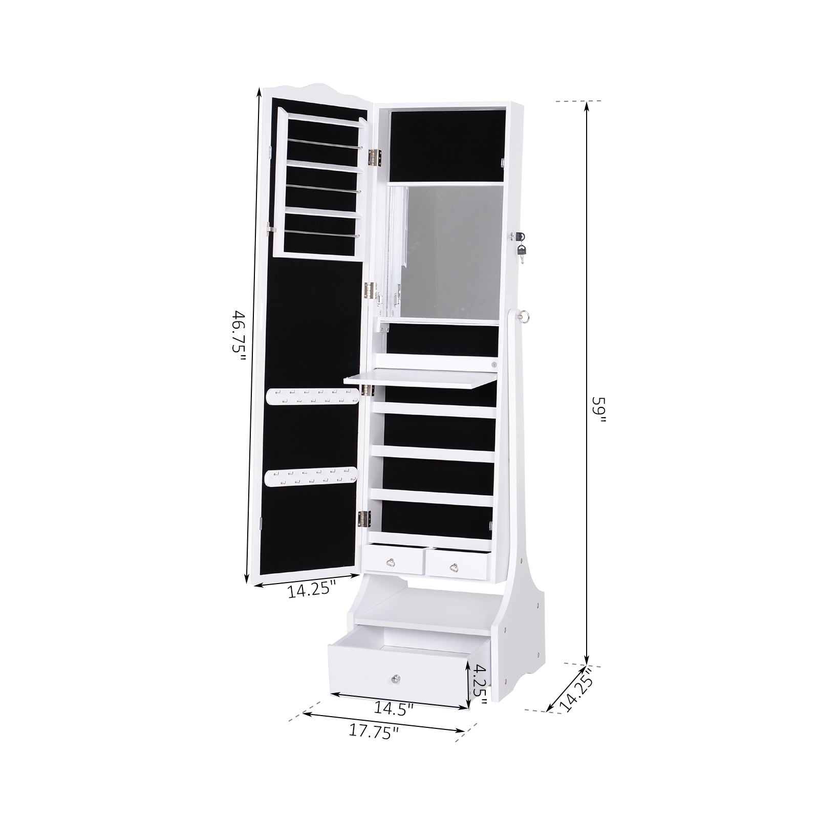HOMCOM Standing Jewelry Cabinet Organizer, Lockable Jewelry Armoire with LED Lights, Full Length Mirror, Adjustable Angle, White