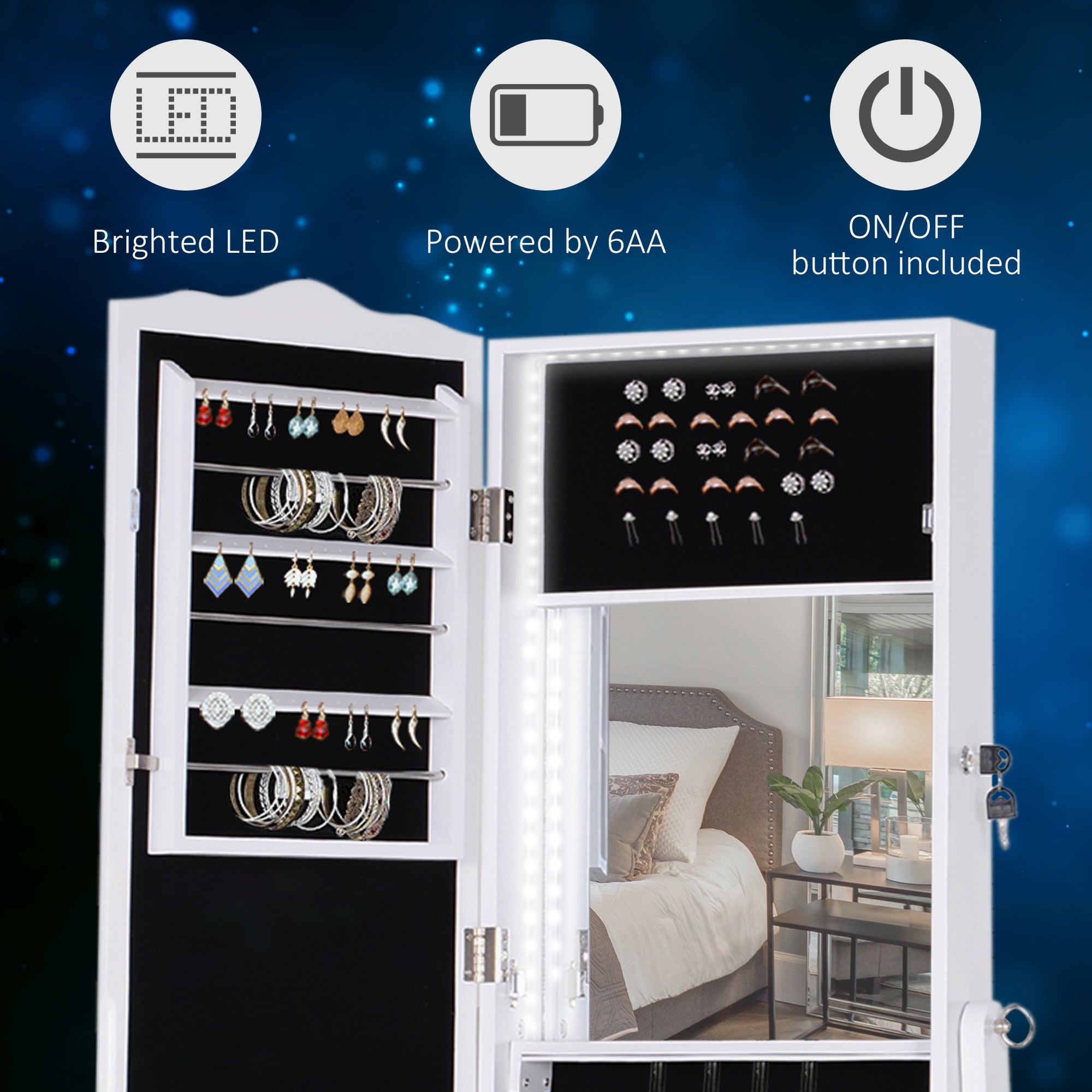 HOMCOM Standing Jewelry Cabinet Organizer, Lockable Jewelry Armoire with LED Lights, Full Length Mirror, Adjustable Angle, White