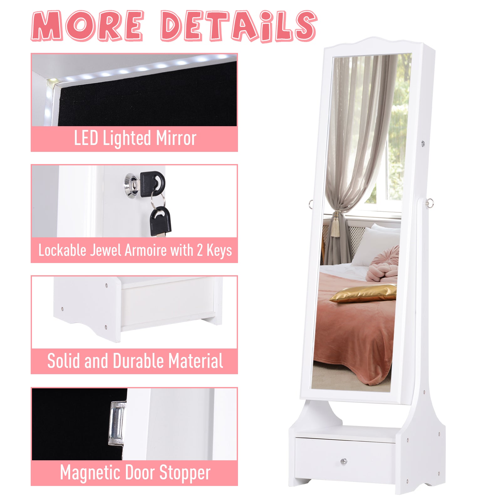 HOMCOM Standing Jewelry Cabinet Organizer, Lockable Jewelry Armoire with LED Lights, Full Length Mirror, Adjustable Angle, White