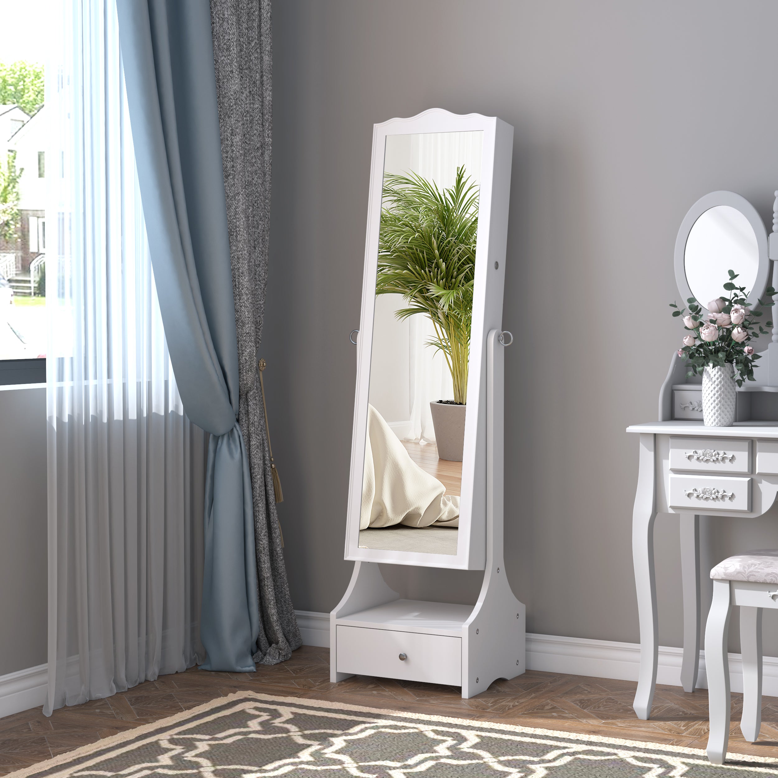HOMCOM Standing Jewelry Cabinet Organizer, Lockable Jewelry Armoire with LED Lights, Full Length Mirror, Adjustable Angle, White