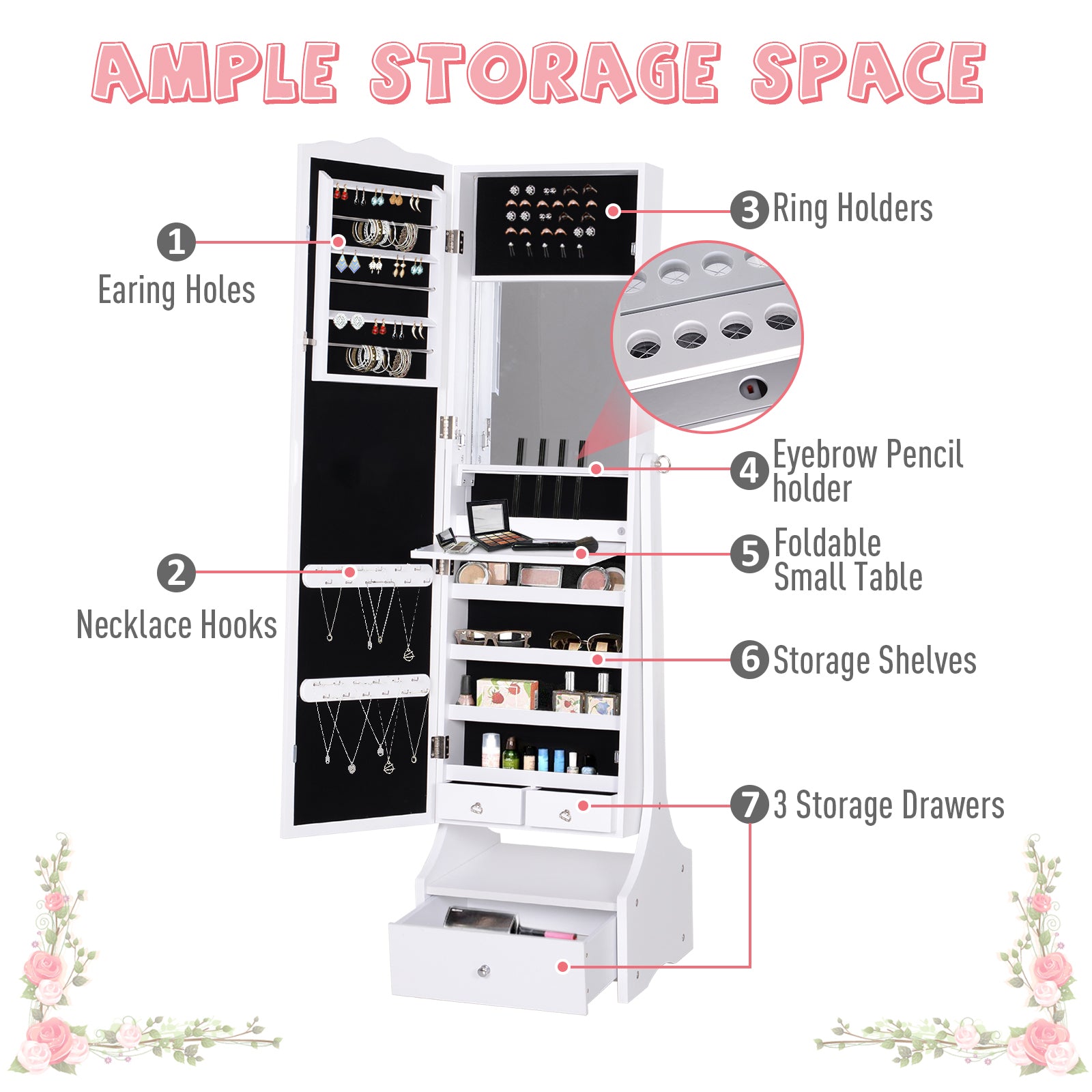 HOMCOM Standing Jewelry Cabinet Organizer, Lockable Jewelry Armoire with LED Lights, Full Length Mirror, Adjustable Angle, White