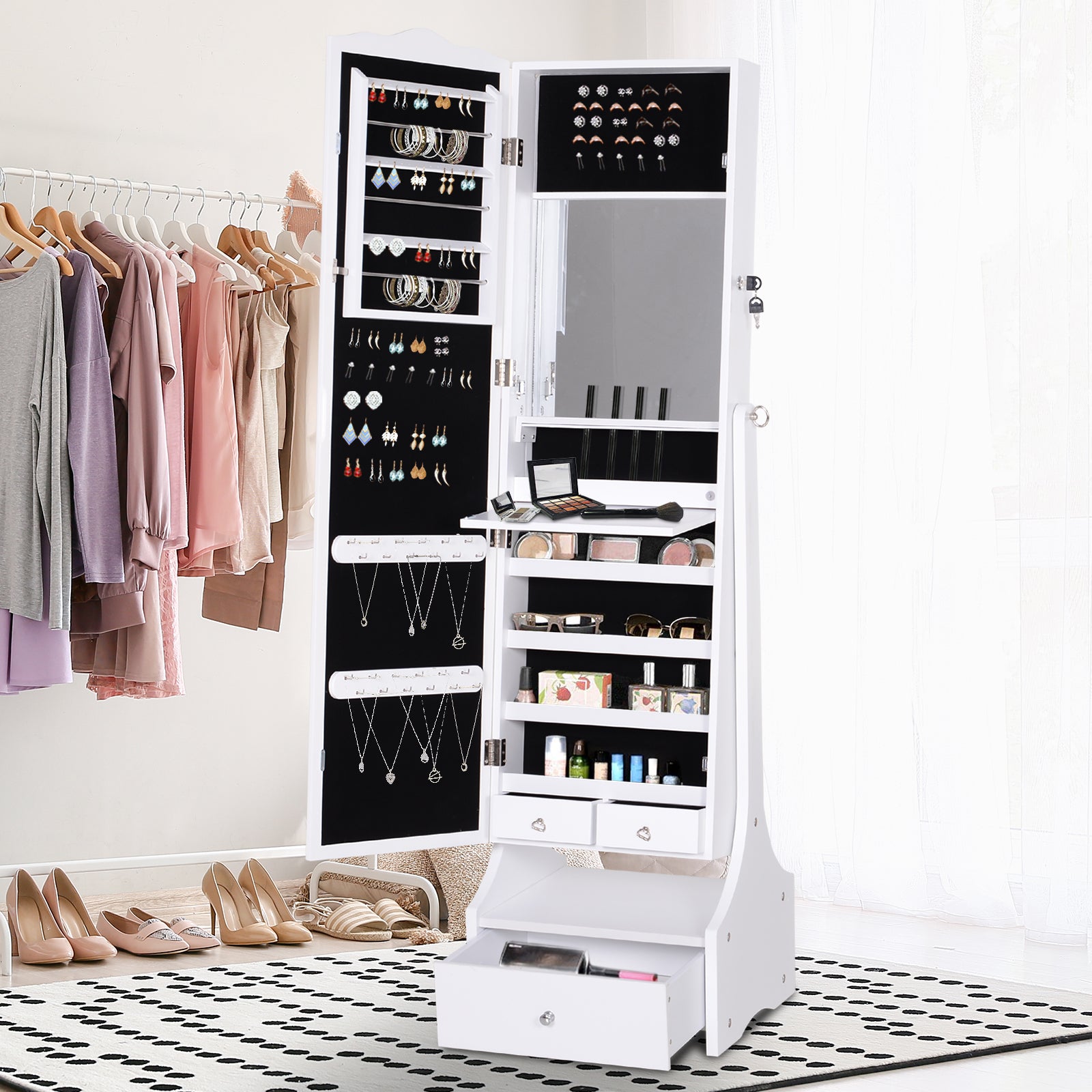 HOMCOM Standing Jewelry Cabinet Organizer, Lockable Jewelry Armoire with LED Lights, Full Length Mirror, Adjustable Angle, White
