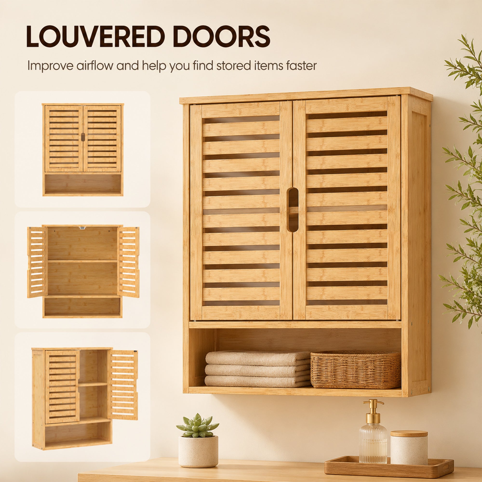 Bathroom Wall Cabinet, Wall Mounted Bathroom Cabinet with 2 Louvered Doors, Open Shelf and Adjustable Shelf Storage for Toilet, Laundry, Oak