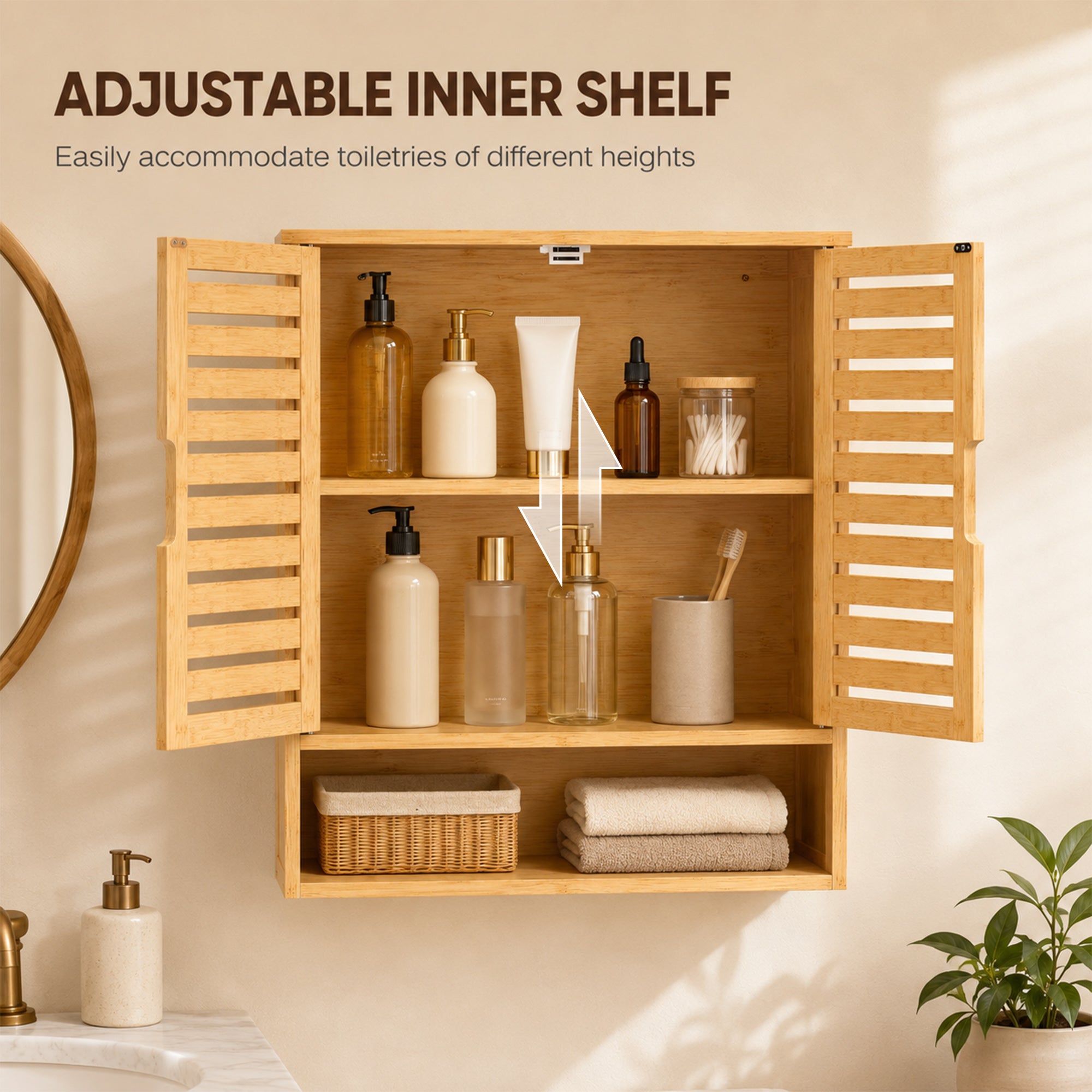 Bathroom Wall Cabinet, Wall Mounted Bathroom Cabinet with 2 Louvered Doors, Open Shelf and Adjustable Shelf Storage for Toilet, Laundry, Oak