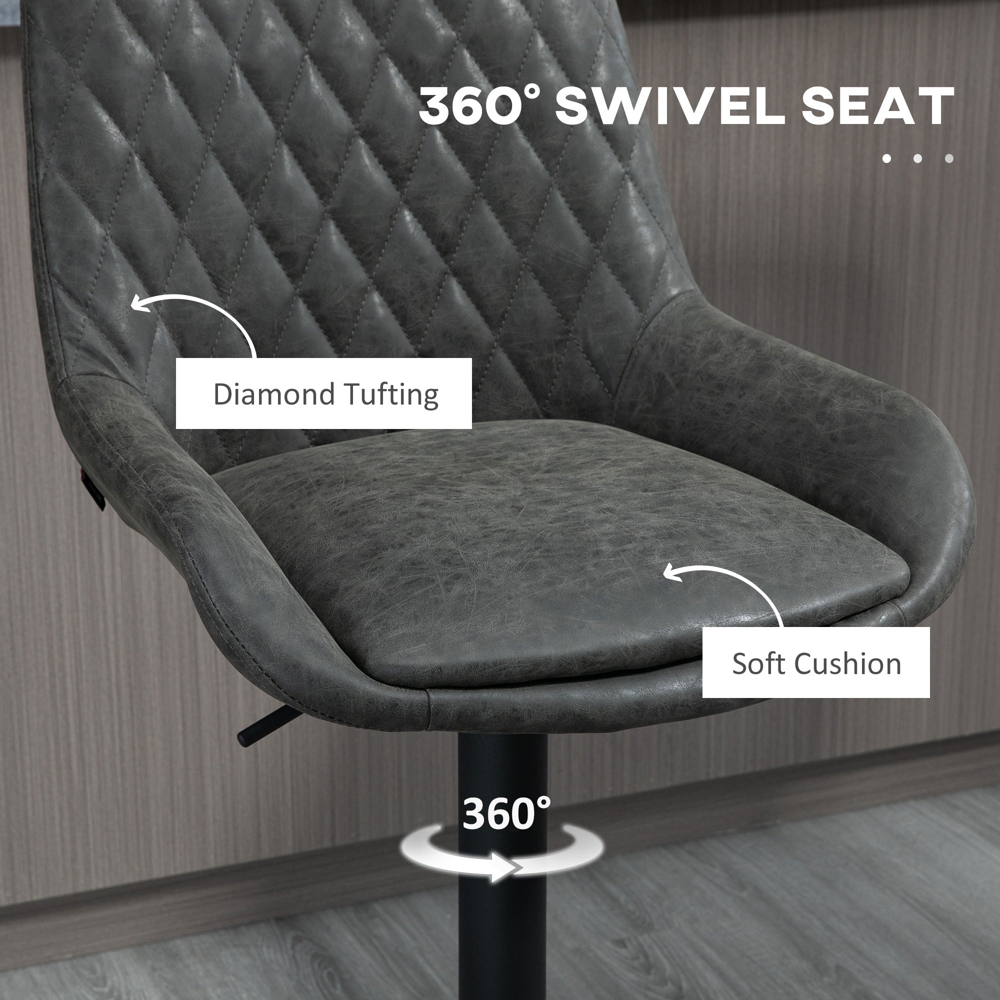 HOMCOM Breakfast Bar Stools Set of 2 with 51x40cm Wide Seat, Height Adjustable Kitchen Counter Chairs, Retro Swivel Upholstered Barstools with Back, Footrest and Steel Base, Dark Grey