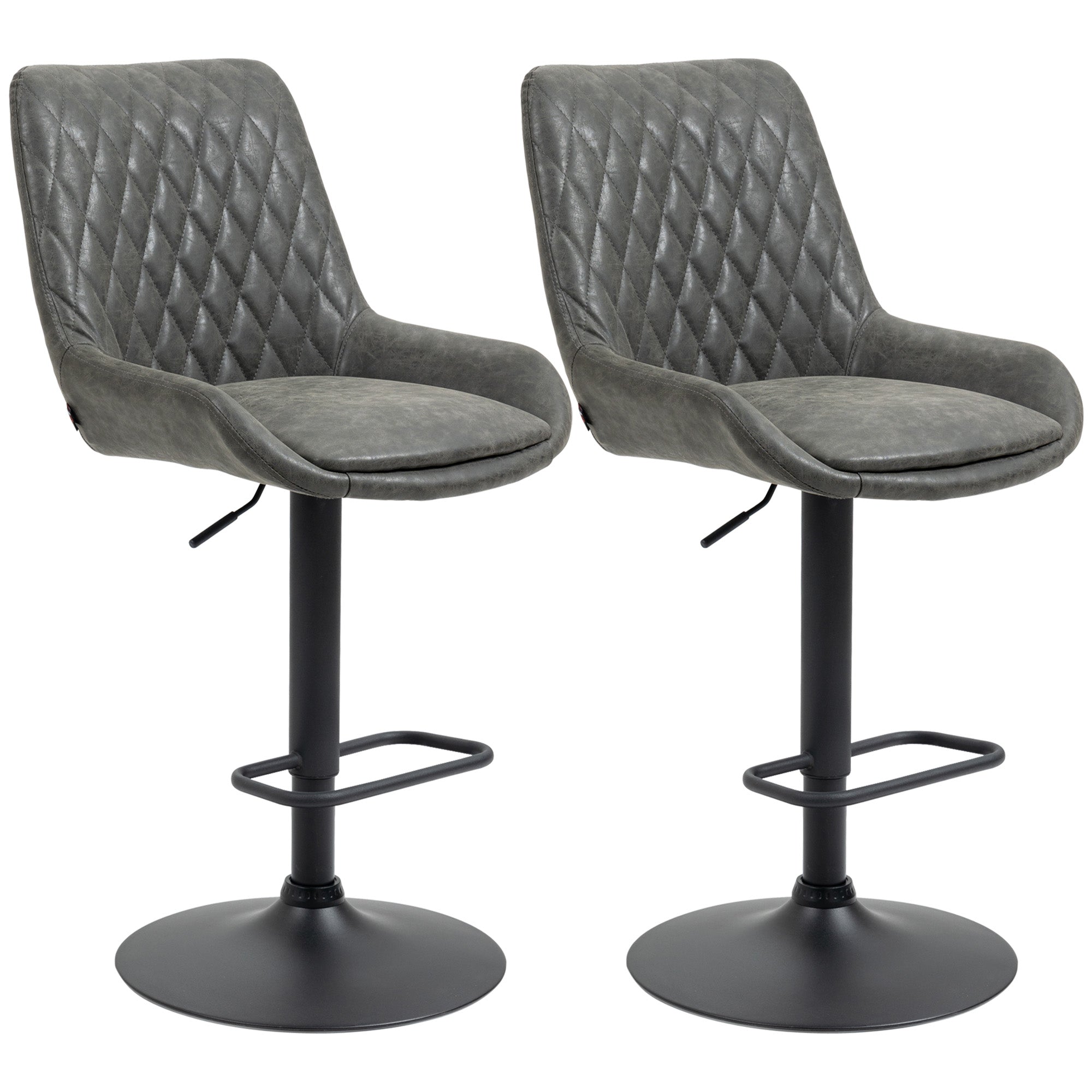 HOMCOM Breakfast Bar Stools Set of 2 with 51x40cm Wide Seat, Height Adjustable Kitchen Counter Chairs, Retro Swivel Upholstered Barstools with Back, Footrest and Steel Base, Dark Grey