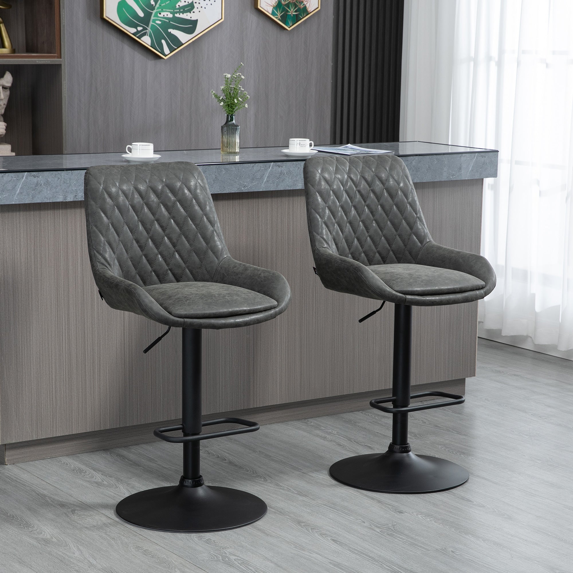 HOMCOM Breakfast Bar Stools Set of 2 with 51x40cm Wide Seat, Height Adjustable Kitchen Counter Chairs, Retro Swivel Upholstered Barstools with Back, Footrest and Steel Base, Dark Grey