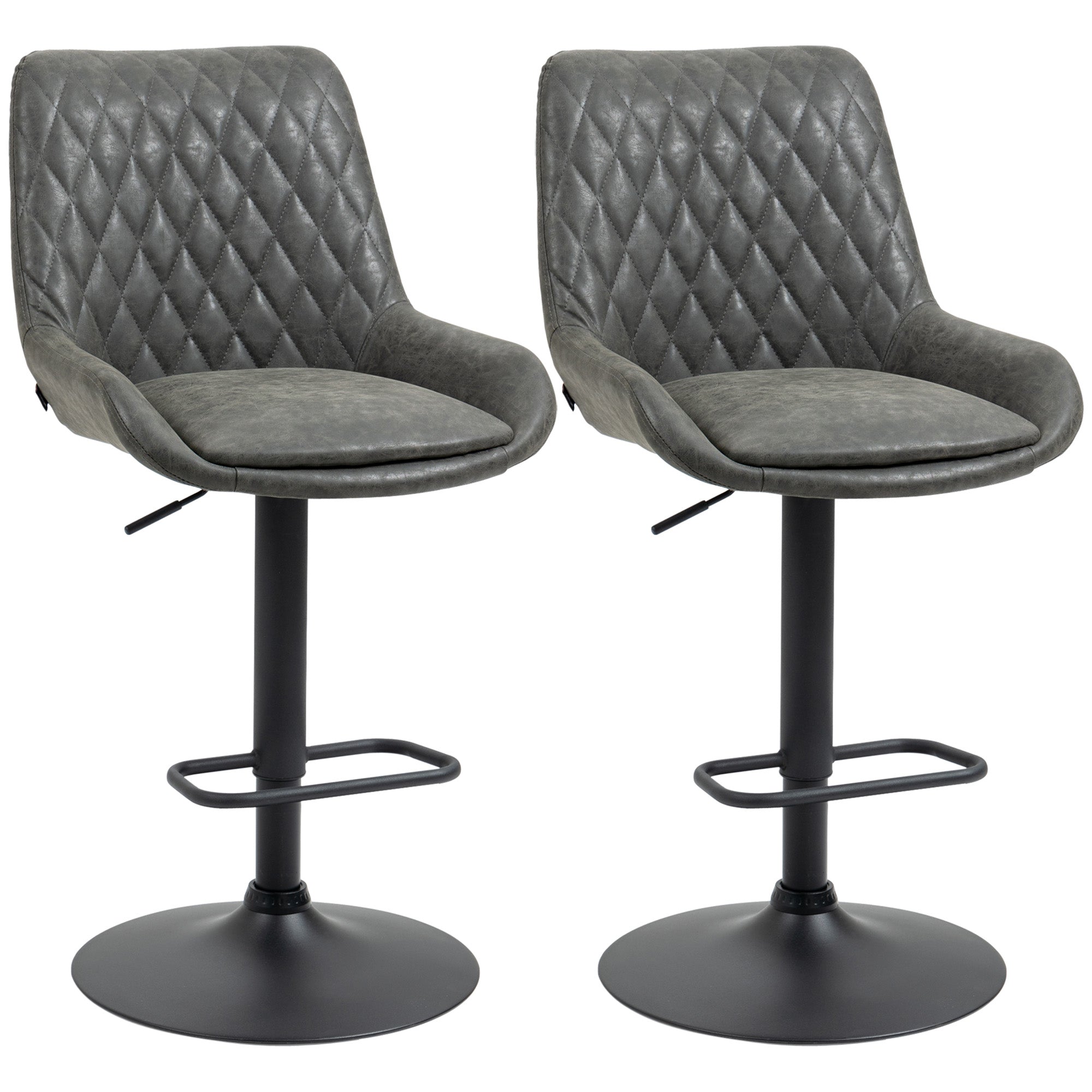 HOMCOM Breakfast Bar Stools Set of 2 with 51x40cm Wide Seat, Height Adjustable Kitchen Counter Chairs, Retro Swivel Upholstered Barstools with Back, Footrest and Steel Base, Dark Grey