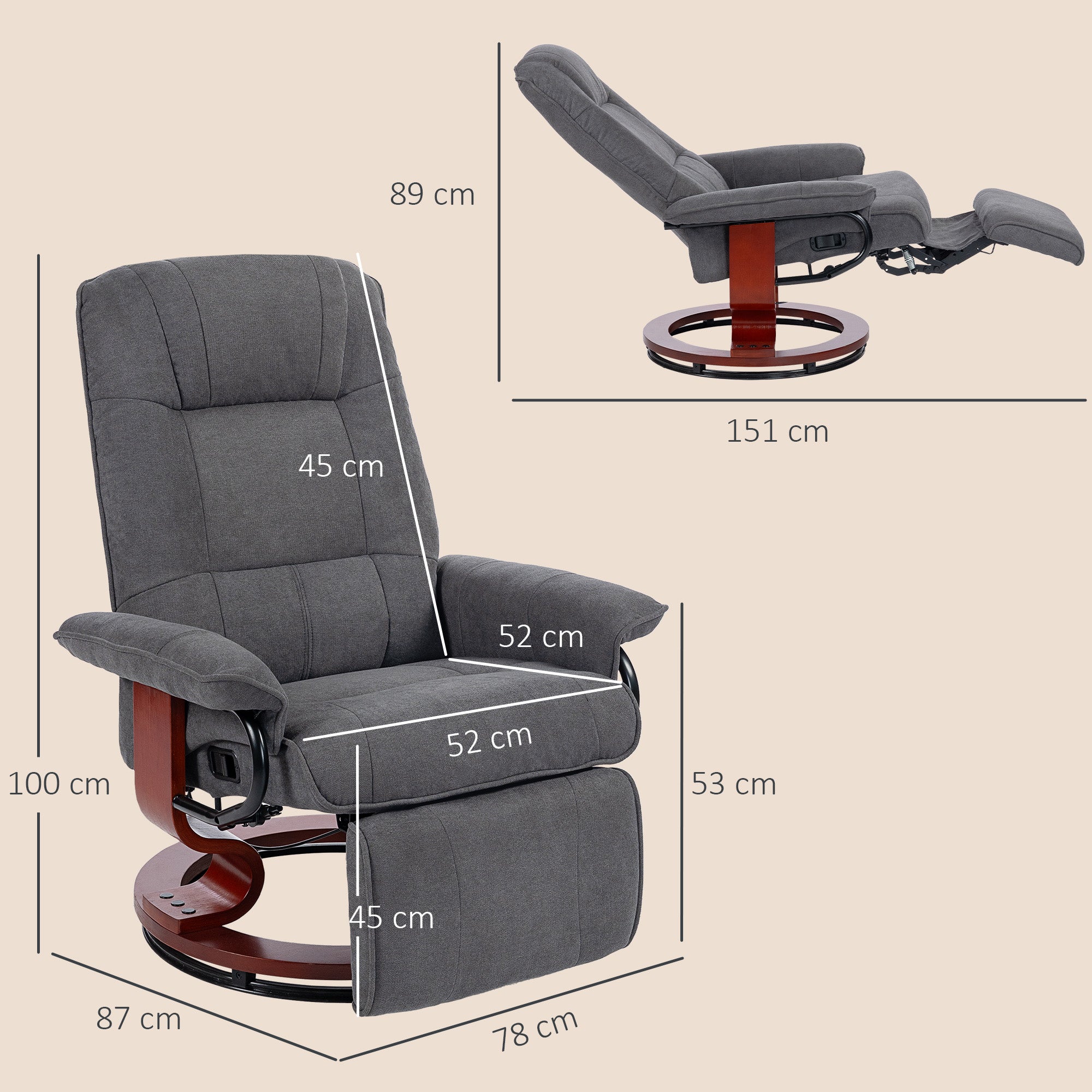 360° Swivel Recliner Chair with Footstool, Manual Recliner Armchair with Wooden Base, Linen-Like Upholstered Reclining Chair for Living Room, Bedroom, Office, Grey
