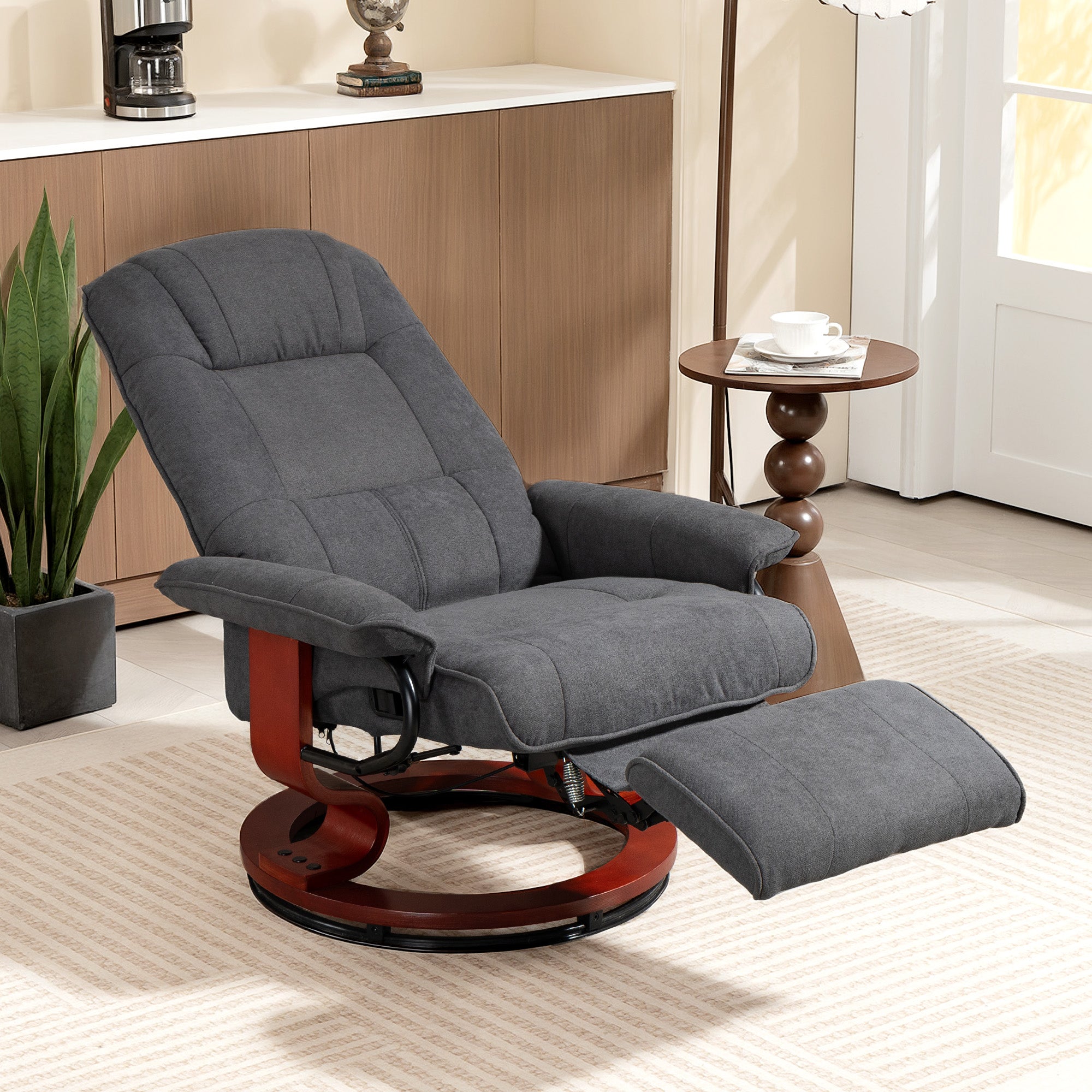 360° Swivel Recliner Chair with Footstool, Manual Recliner Armchair with Wooden Base, Linen-Like Upholstered Reclining Chair for Living Room, Bedroom, Office, Grey