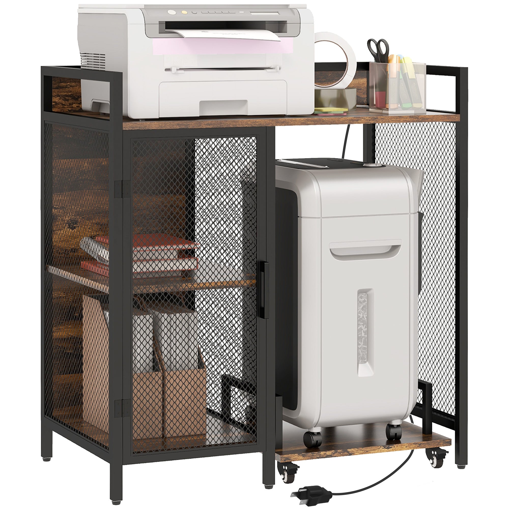 Printer Stand with Socket, USB Charging Ports, CPU Stand & Adjustable Shelf, Rustic Brown