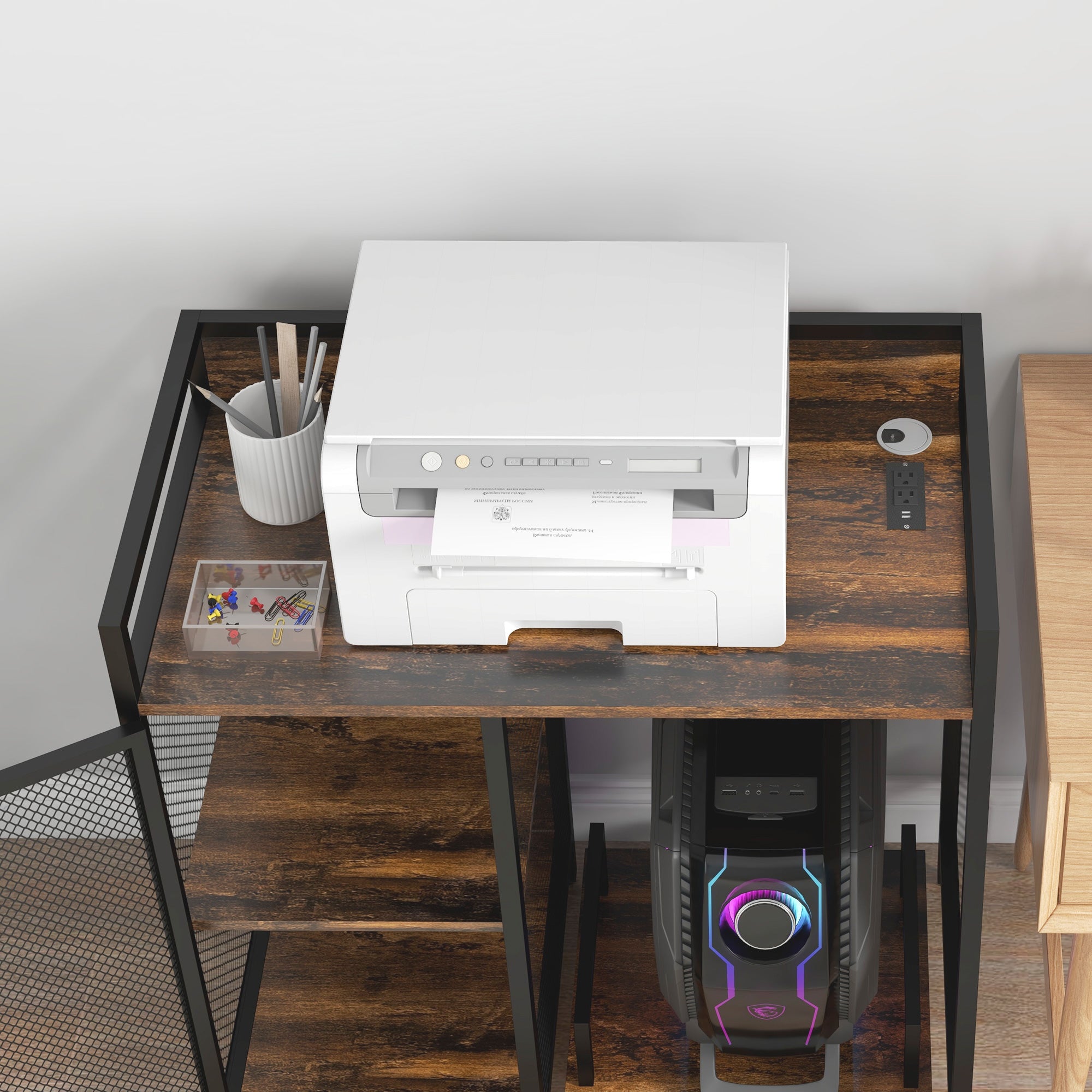 Printer Stand with Socket, USB Charging Ports, CPU Stand & Adjustable Shelf, Rustic Brown