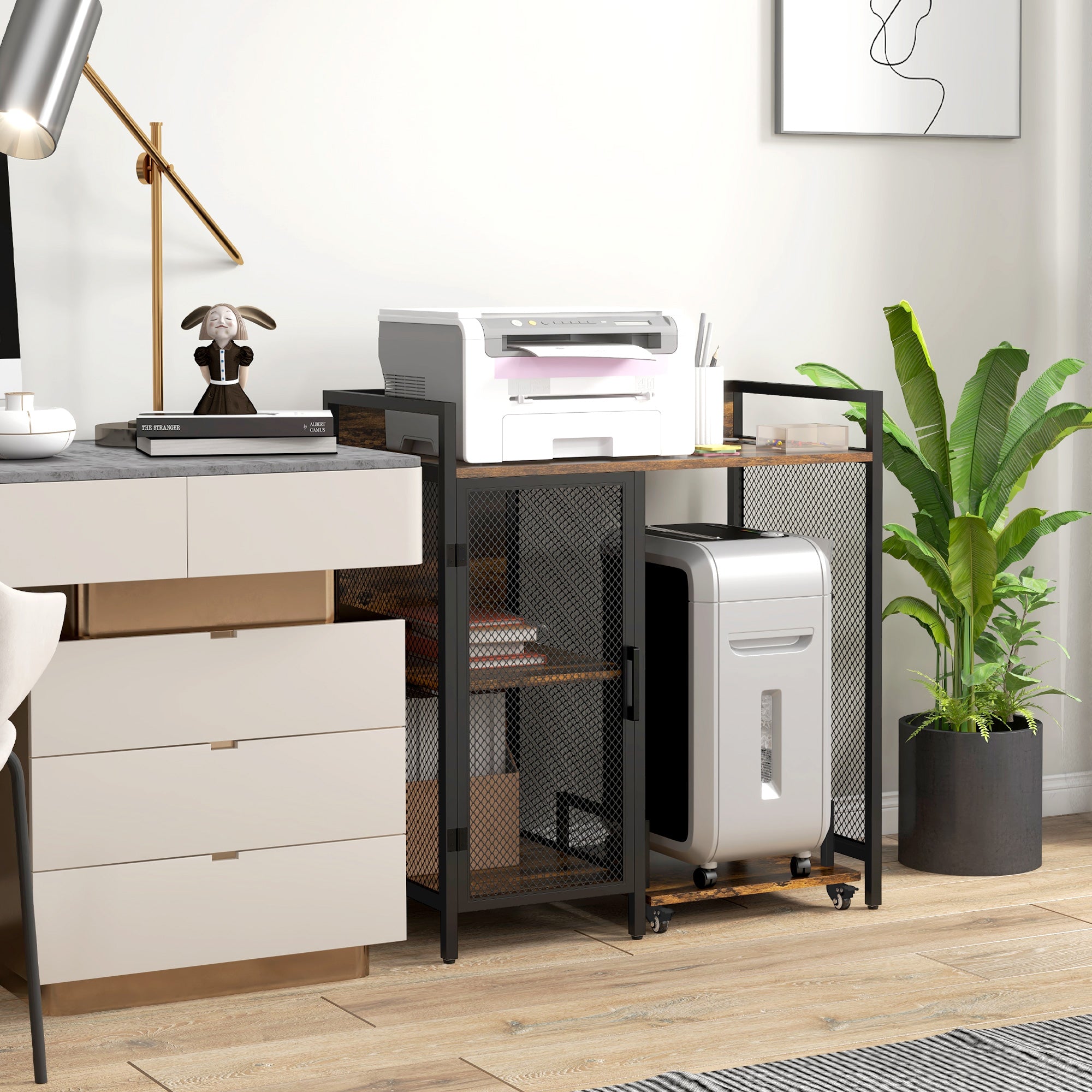 Printer Stand with Socket, USB Charging Ports, CPU Stand & Adjustable Shelf, Rustic Brown