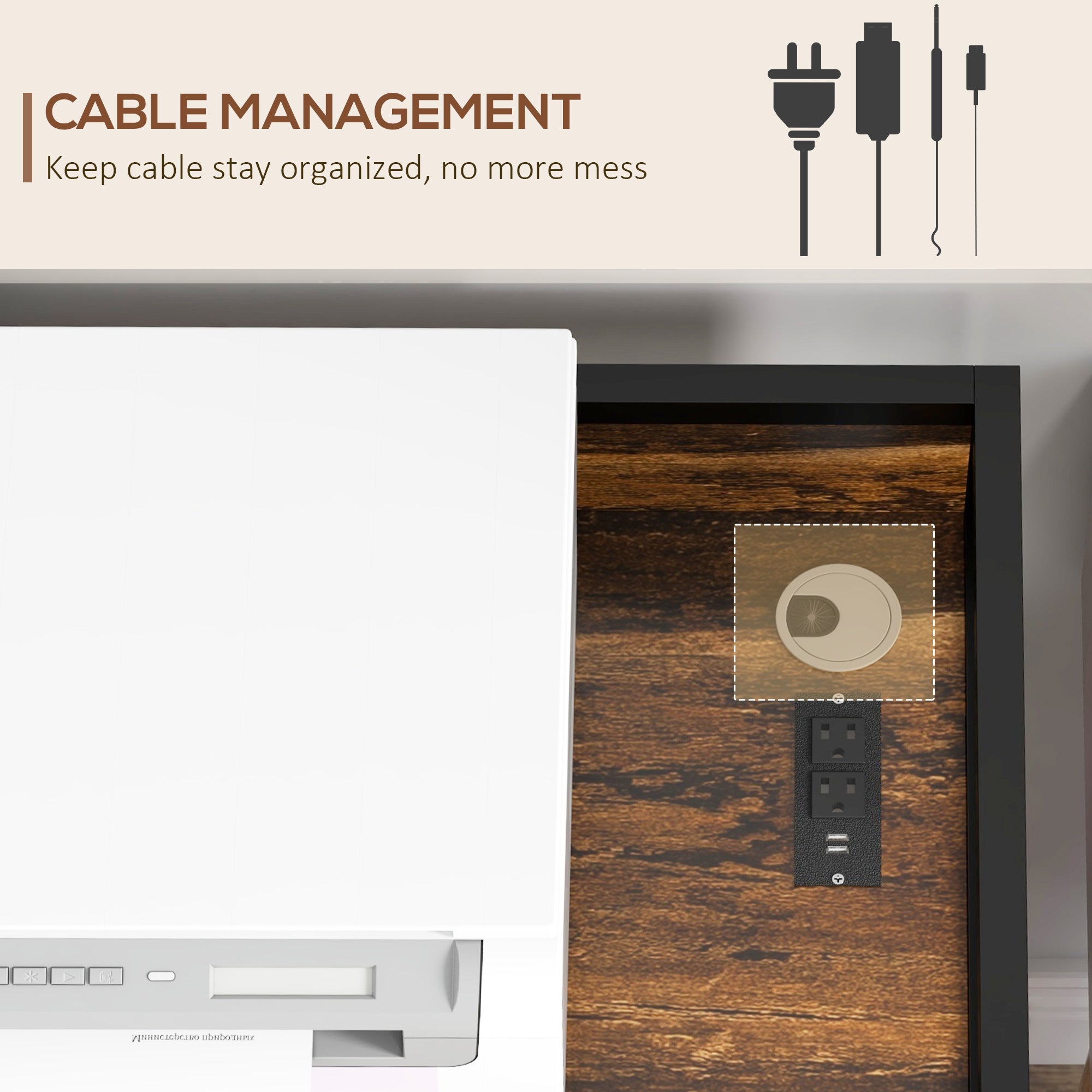 Printer Stand with Socket, USB Charging Ports, CPU Stand & Adjustable Shelf, Rustic Brown