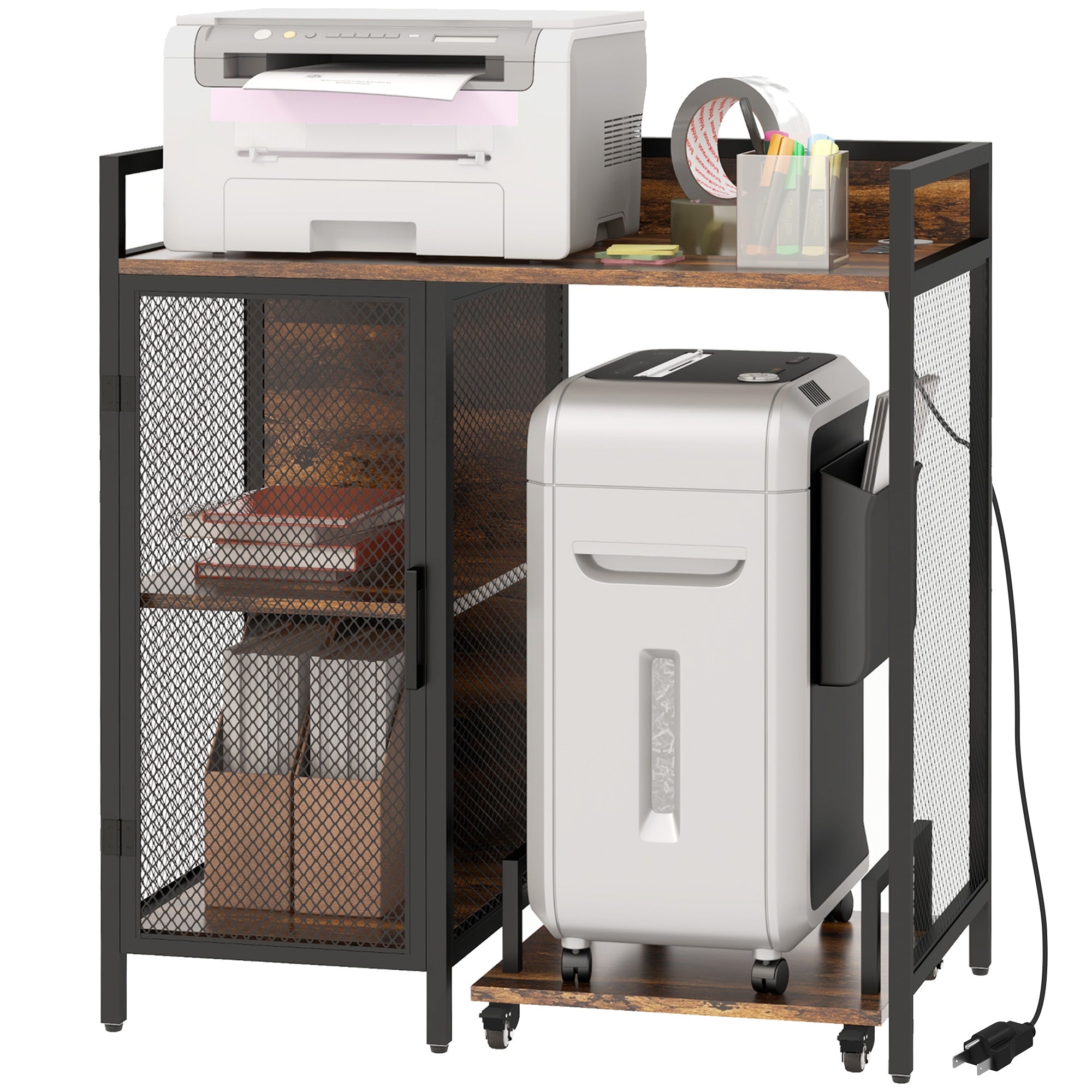 Printer Stand with Socket, USB Charging Ports, CPU Stand & Adjustable Shelf, Rustic Brown