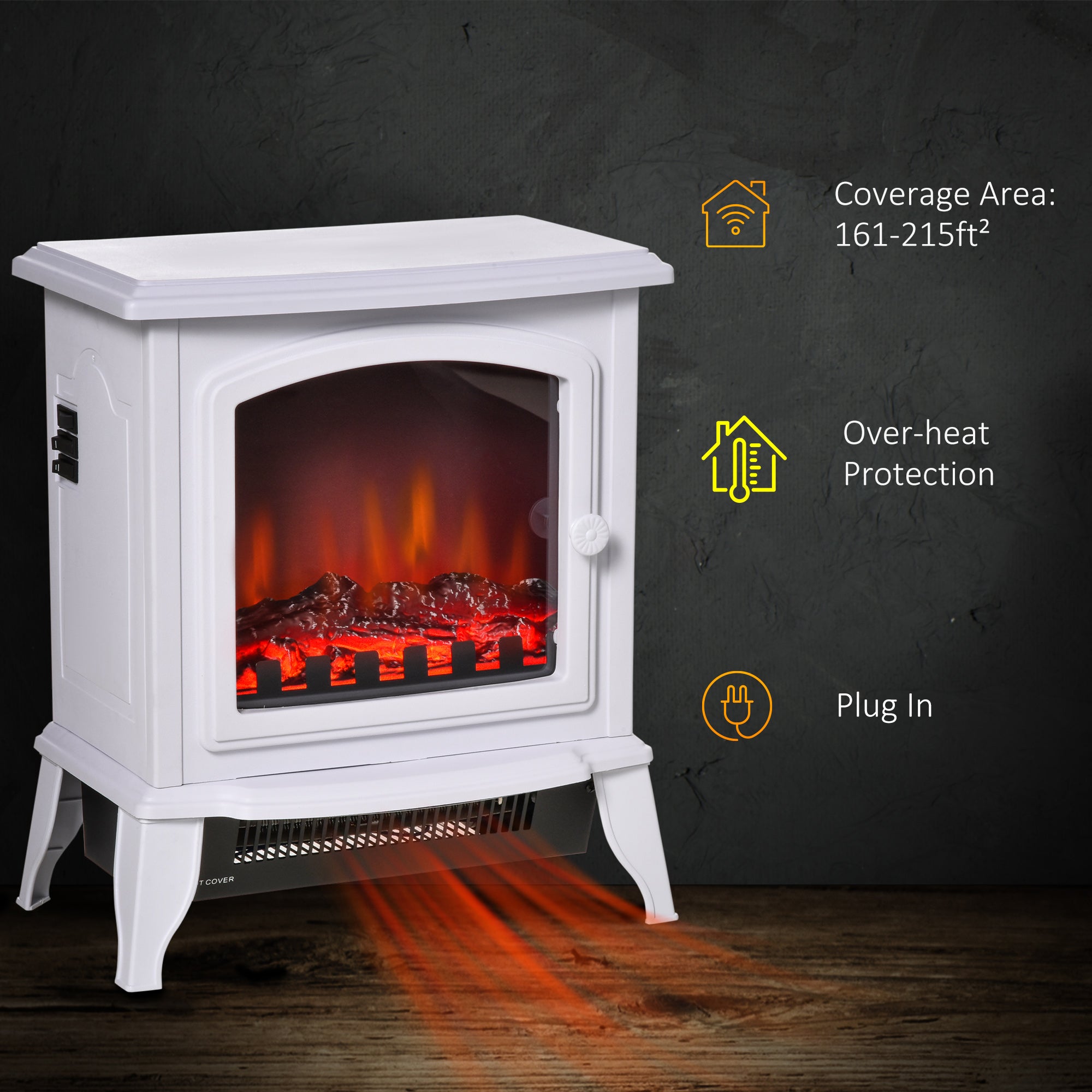 Electric Fireplace Heater, Freestanding Fireplace Stove with Realistic Flame Effect, Overheat Safety Protection, 750W/1500W, White