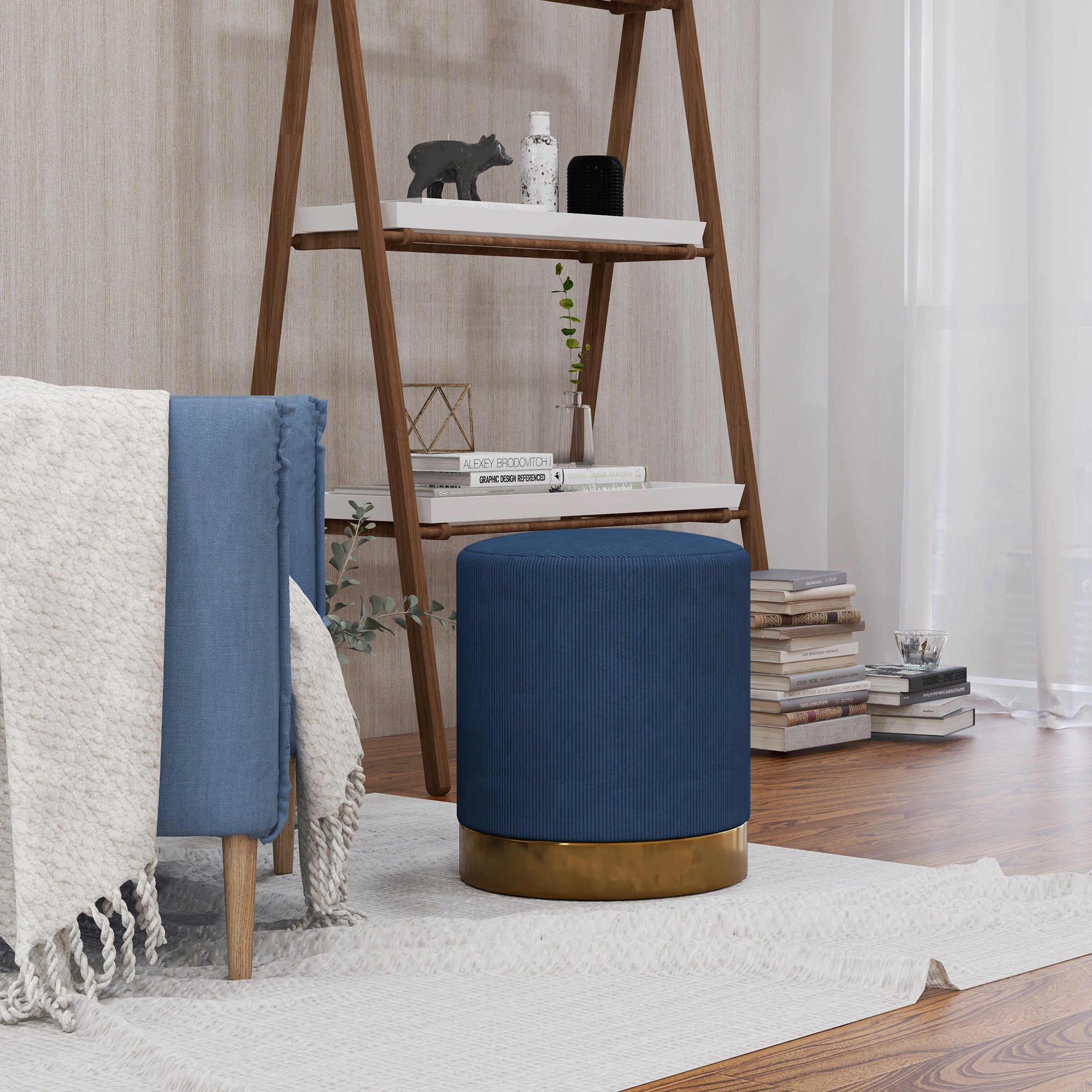 HOMCOM Modern Round Footstool, Corduroy Fabric Upholstered Foot Stool with Padded Seat for Living Room, Entryway, Dark Blue