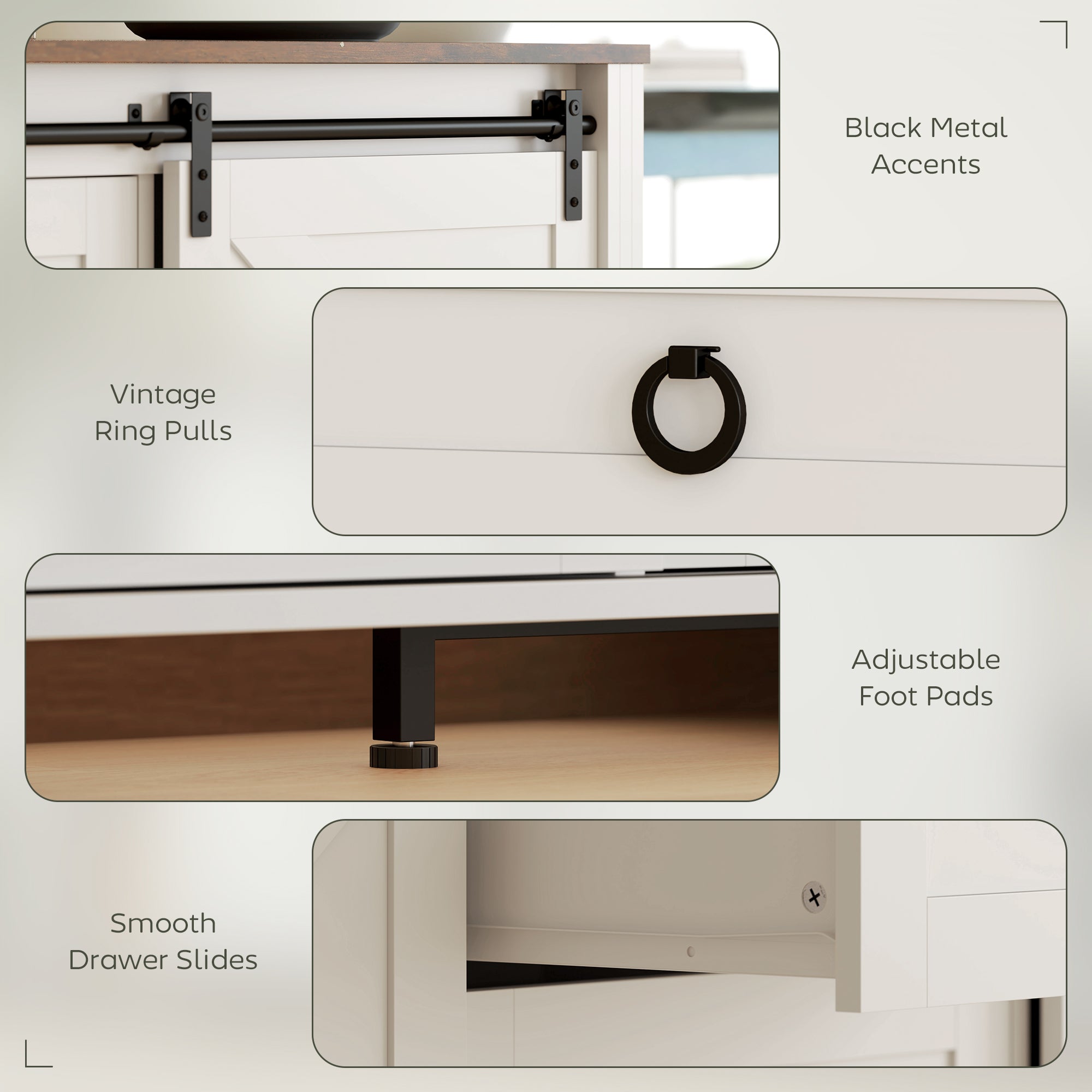60" Farmhouse Sideboard Buffet Cabinet with Storage, Kitchen Cabinet with 2 Sliding Barn Doors, 4 Deep Drawers and 2 Adjustable Shelves, Coffee Bar Cabinet, Distressed Cream White
