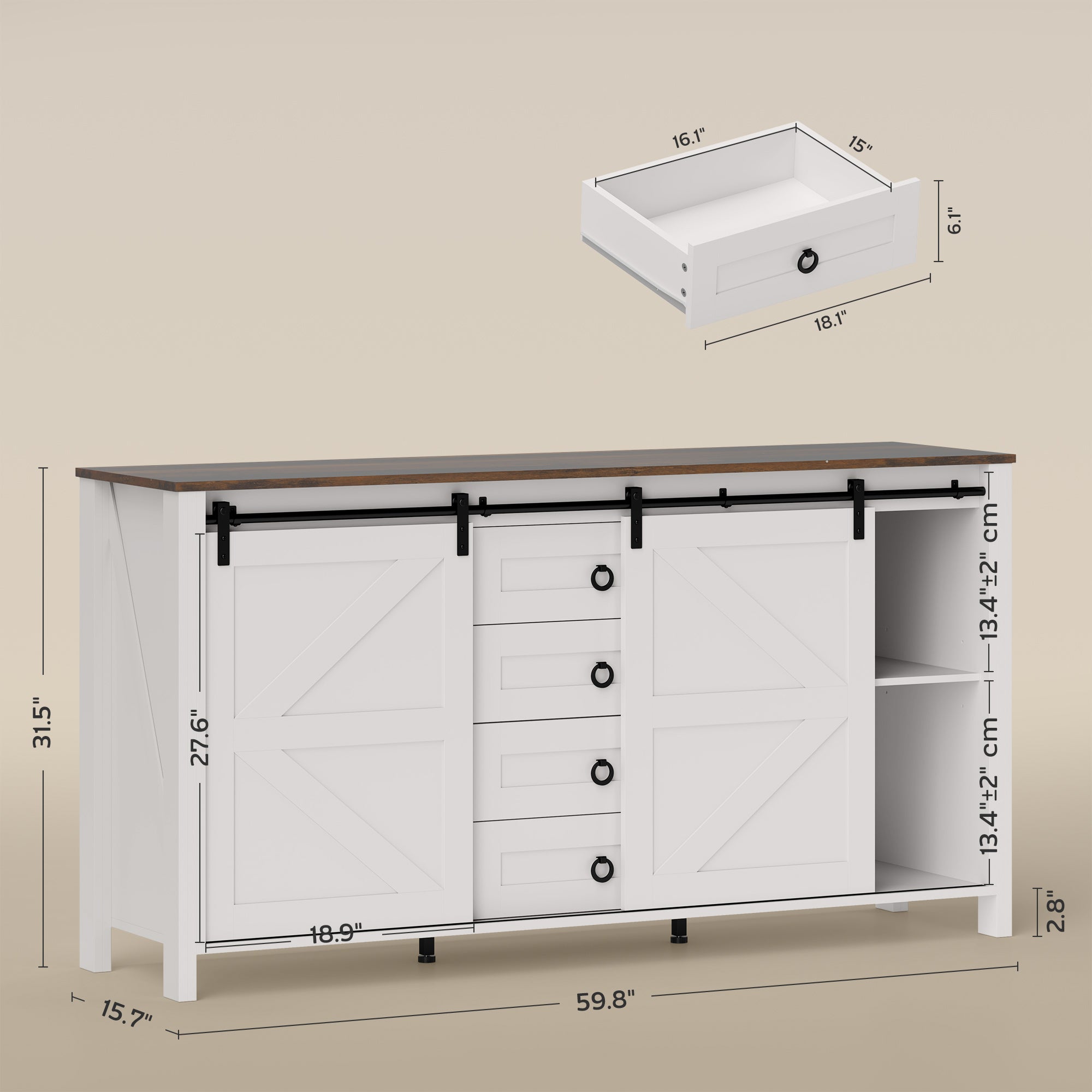 60" Farmhouse Sideboard Buffet Cabinet with Storage, Kitchen Cabinet with 2 Sliding Barn Doors, 4 Deep Drawers and 2 Adjustable Shelves, Coffee Bar Cabinet, Distressed Cream White