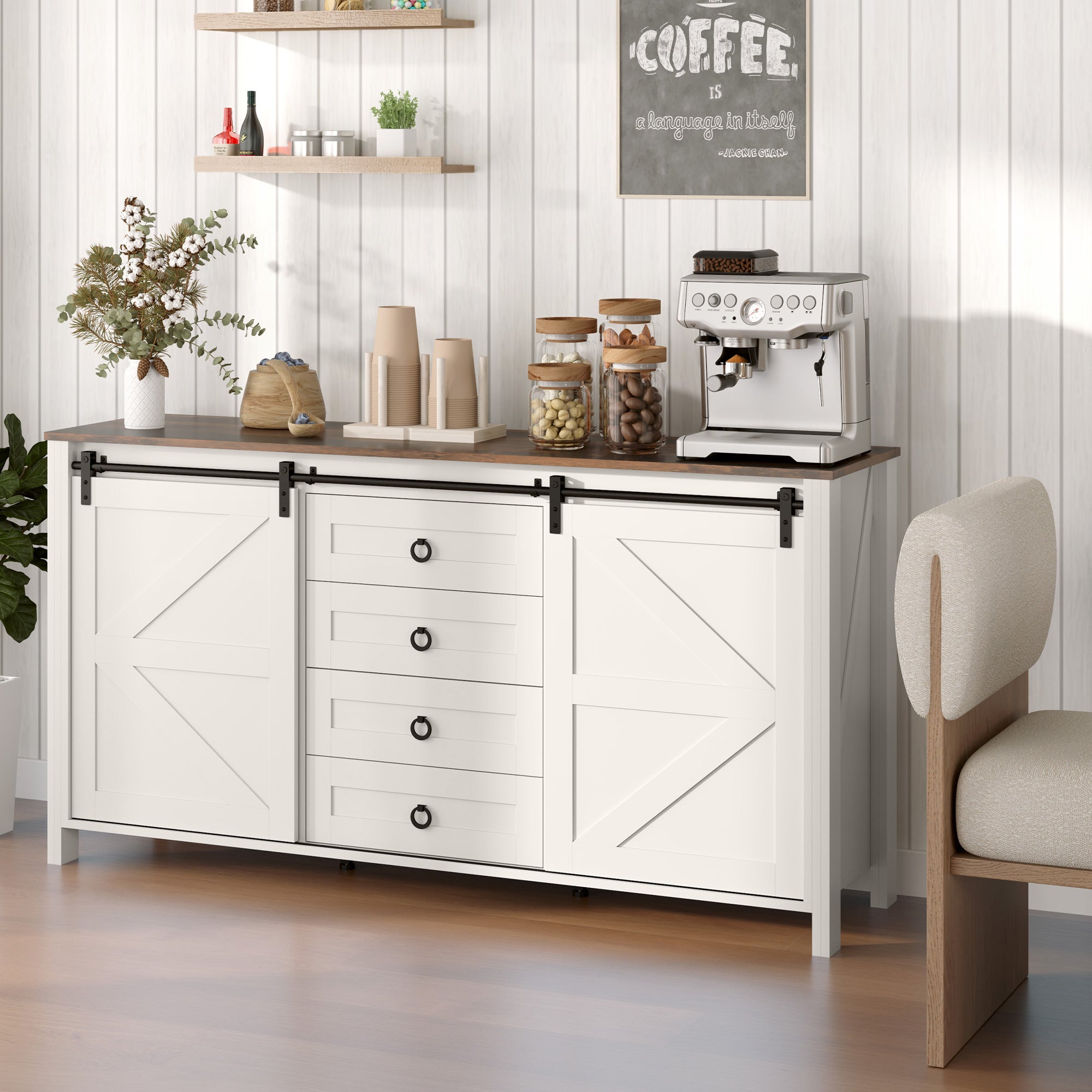 60" Farmhouse Sideboard Buffet Cabinet with Storage, Kitchen Cabinet with 2 Sliding Barn Doors, 4 Deep Drawers and 2 Adjustable Shelves, Coffee Bar Cabinet, Distressed Cream White