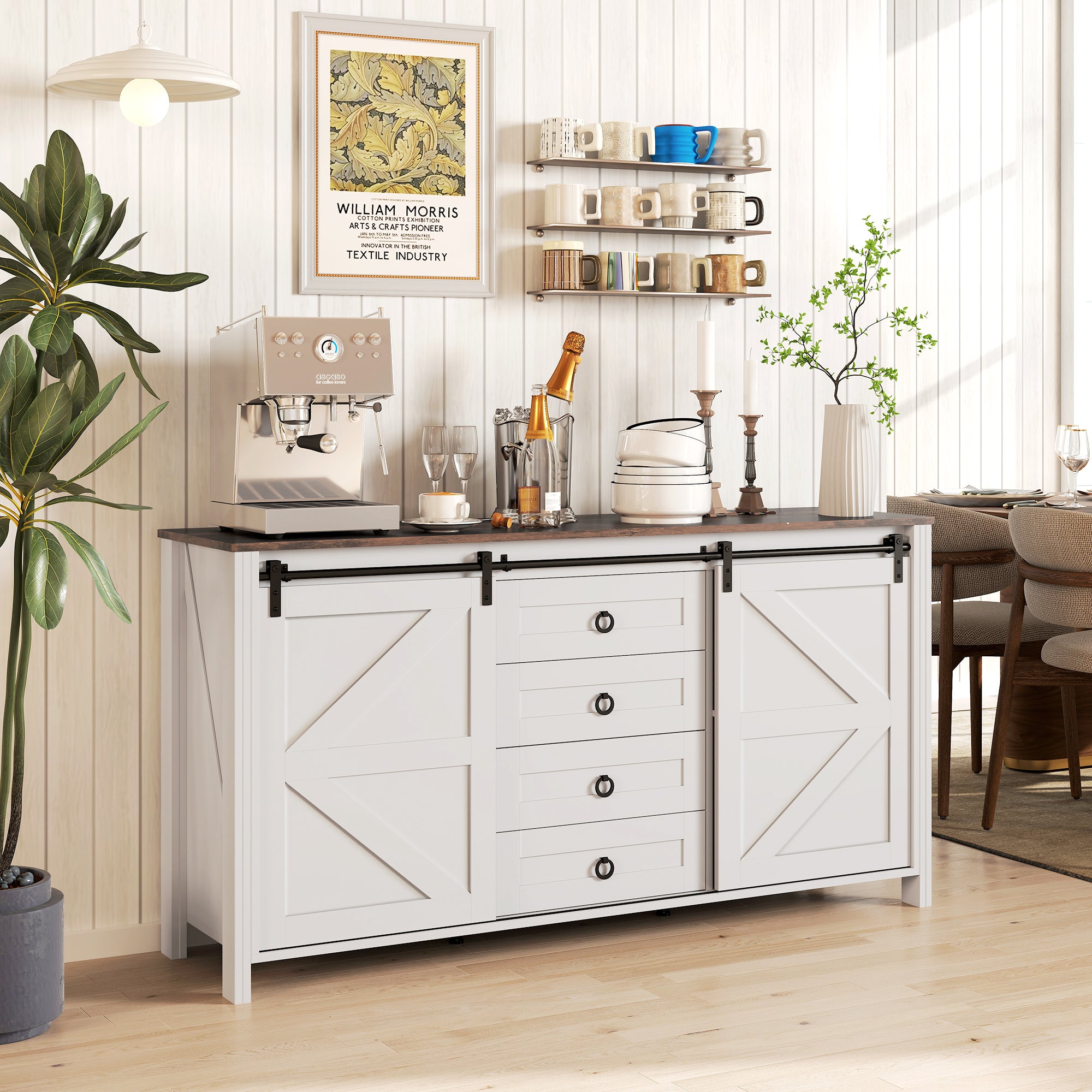 60" Farmhouse Sideboard Buffet Cabinet with Storage, Kitchen Cabinet with 2 Sliding Barn Doors, 4 Deep Drawers and 2 Adjustable Shelves, Coffee Bar Cabinet, Distressed Cream White