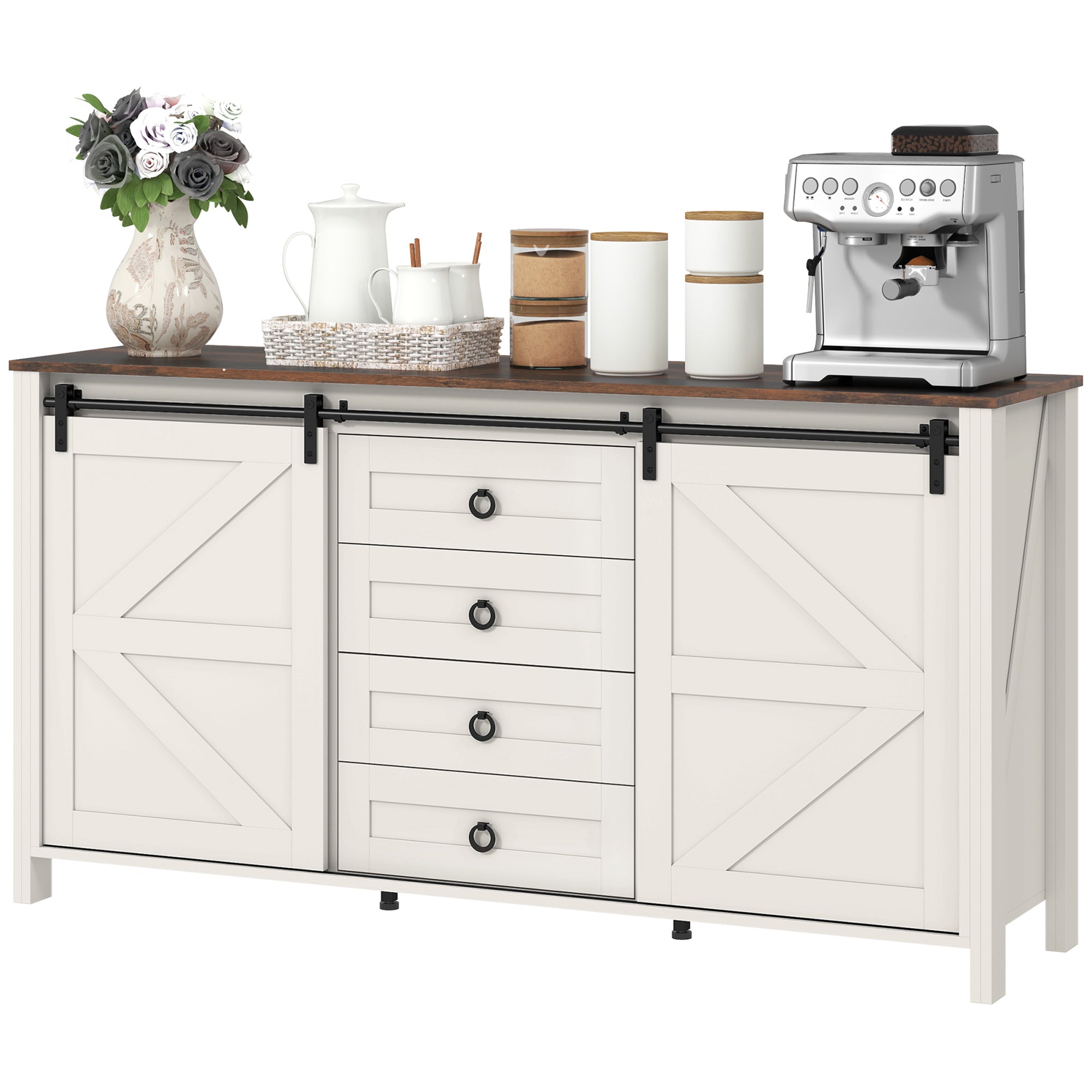 60" Farmhouse Sideboard Buffet Cabinet with Storage, Kitchen Cabinet with 2 Sliding Barn Doors, 4 Deep Drawers and 2 Adjustable Shelves, Coffee Bar Cabinet, Distressed Cream White