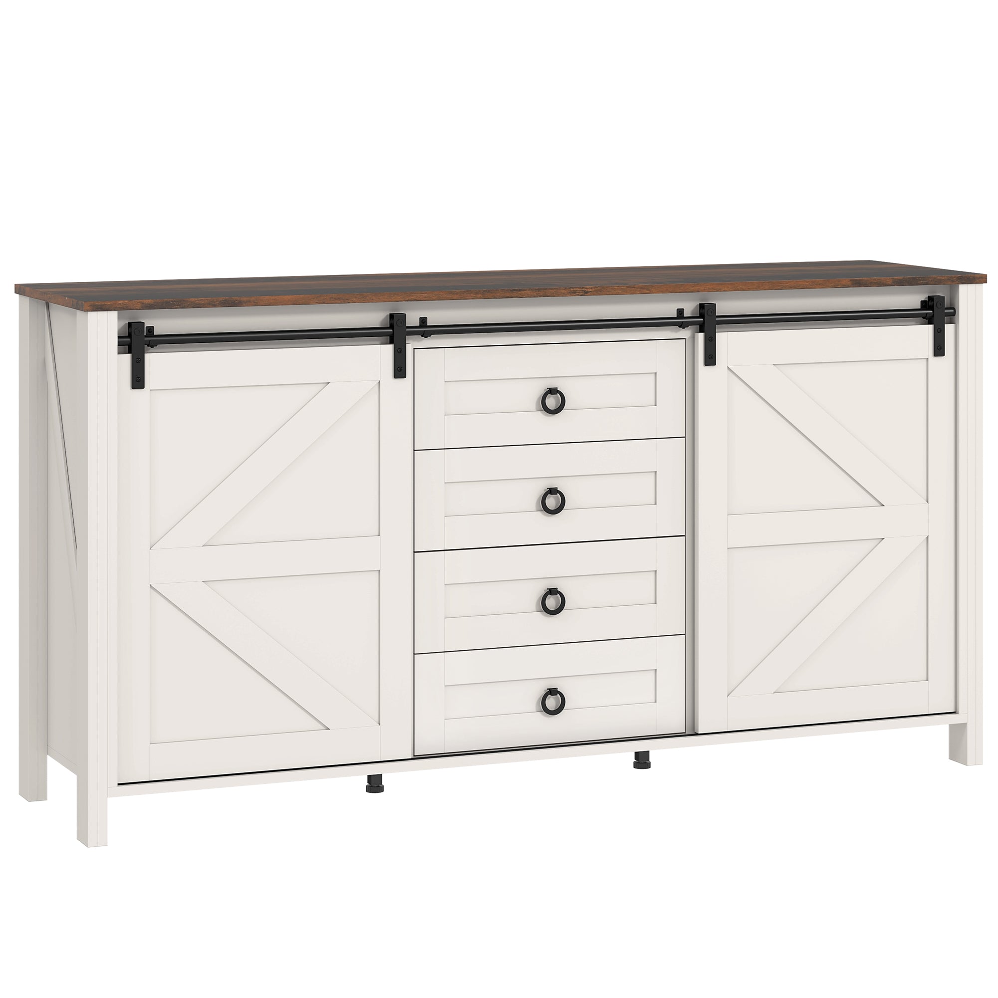 60" Farmhouse Sideboard Buffet Cabinet with Storage, Kitchen Cabinet with 2 Sliding Barn Doors, 4 Deep Drawers and 2 Adjustable Shelves, Coffee Bar Cabinet, Distressed Cream White