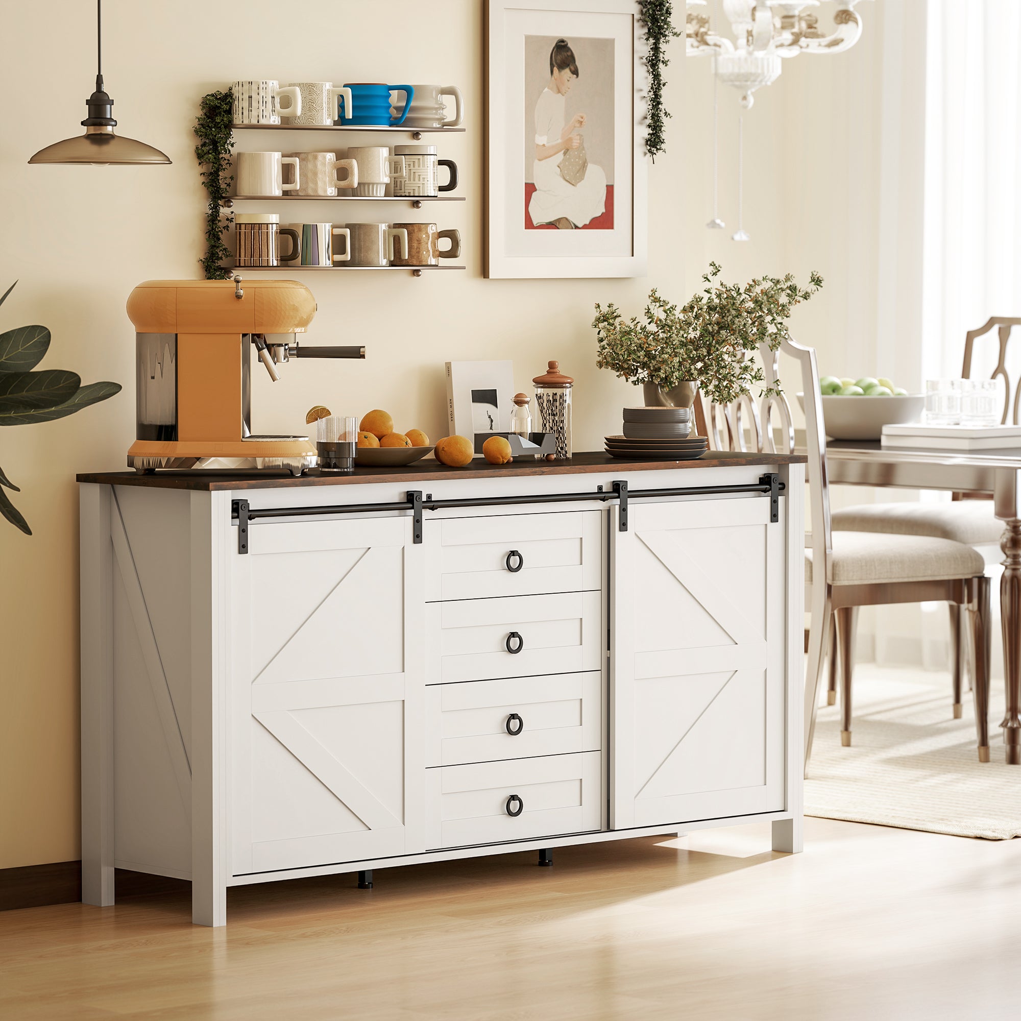 60" Farmhouse Sideboard Buffet Cabinet with Storage, Kitchen Cabinet with 2 Sliding Barn Doors, 4 Deep Drawers and 2 Adjustable Shelves, Coffee Bar Cabinet, Distressed Cream White