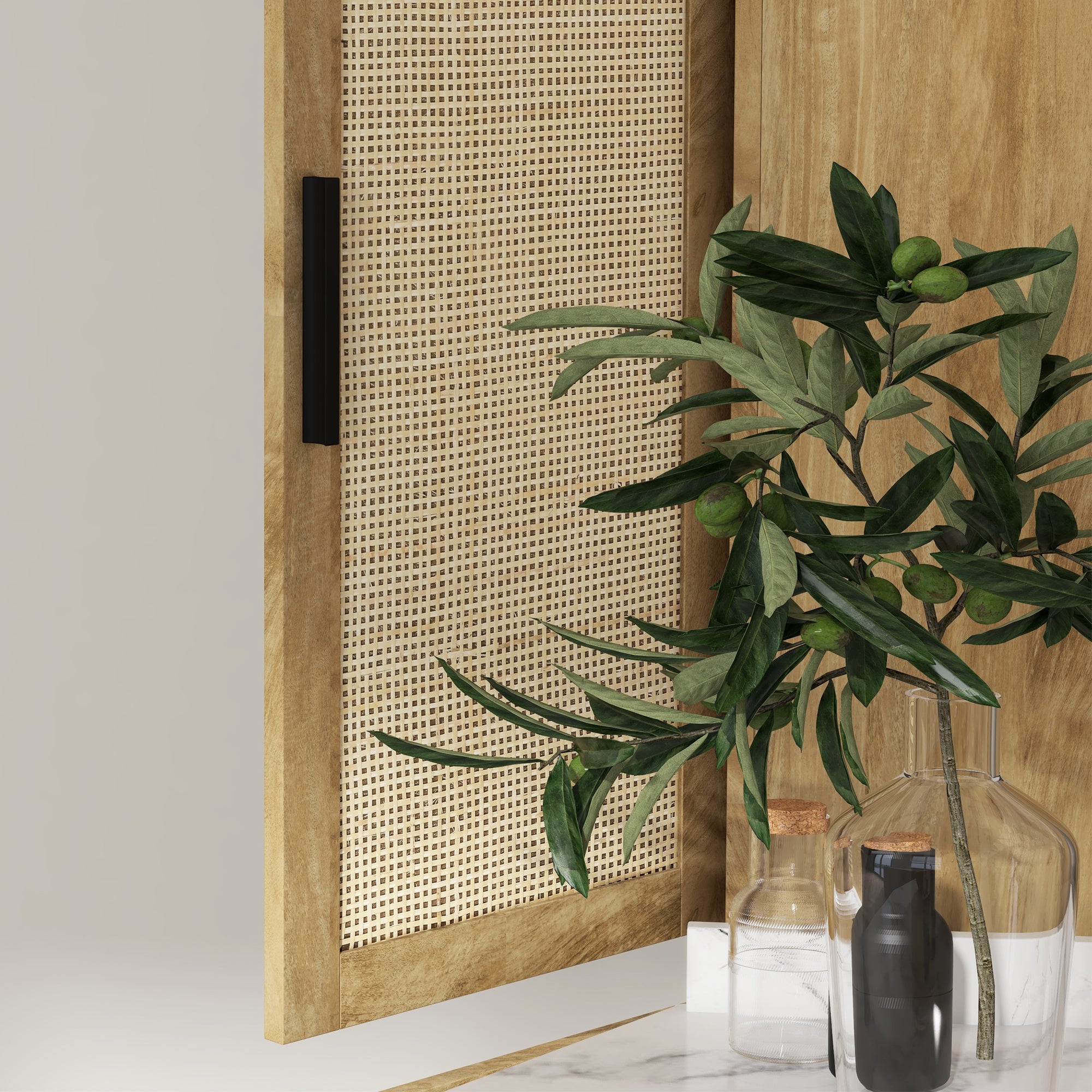 64" Kitchen Pantry Cabinet w/ 4 Rattan Doors, 4 Tier Shelves & Adjustable Shelf, Natural