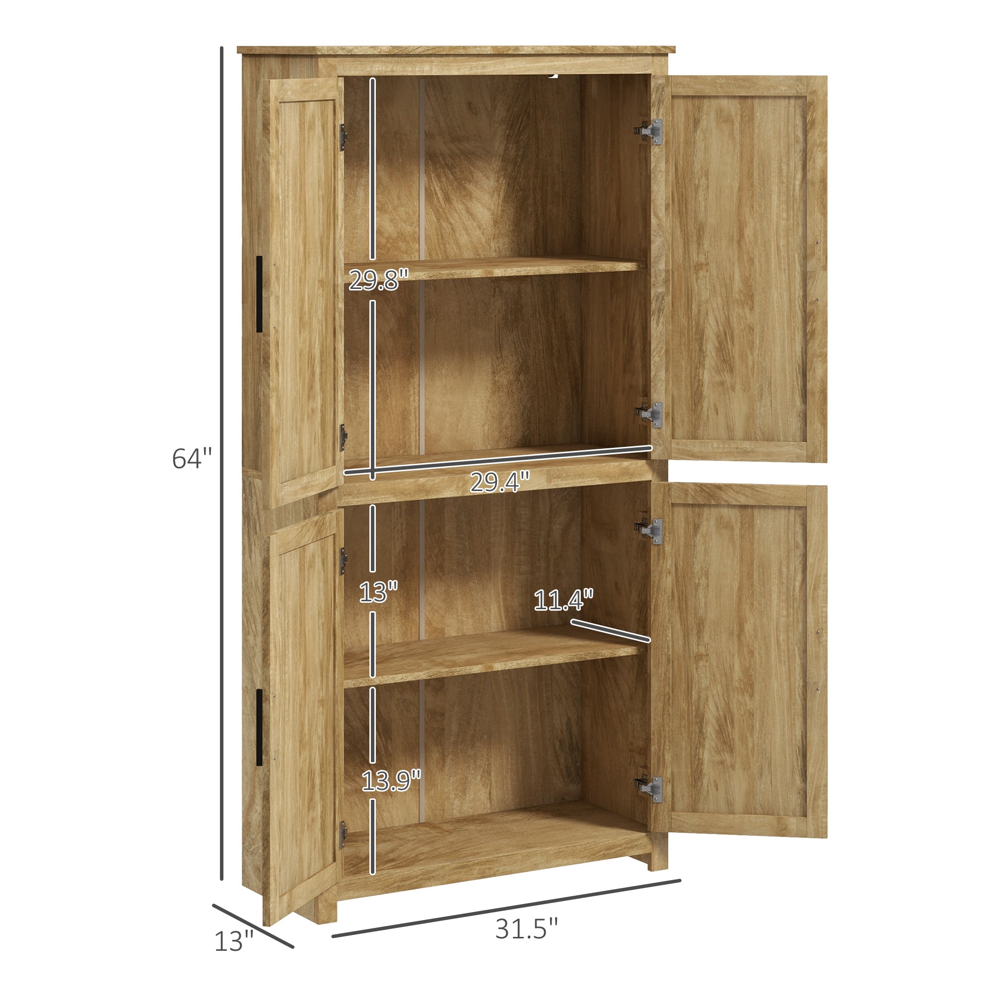 64" Kitchen Pantry Cabinet w/ 4 Rattan Doors, 4 Tier Shelves & Adjustable Shelf, Natural