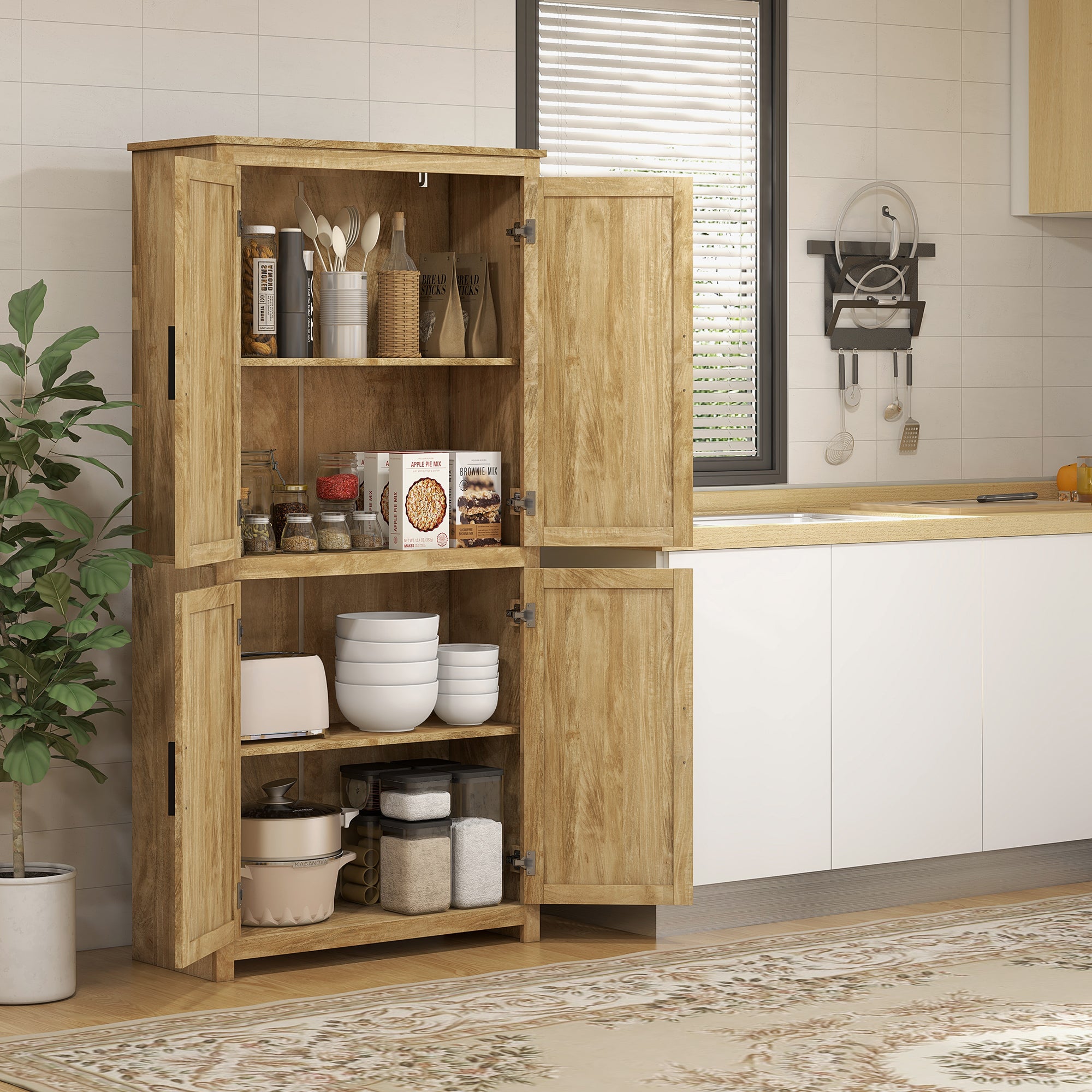 64" Kitchen Pantry Cabinet w/ 4 Rattan Doors, 4 Tier Shelves & Adjustable Shelf, Natural