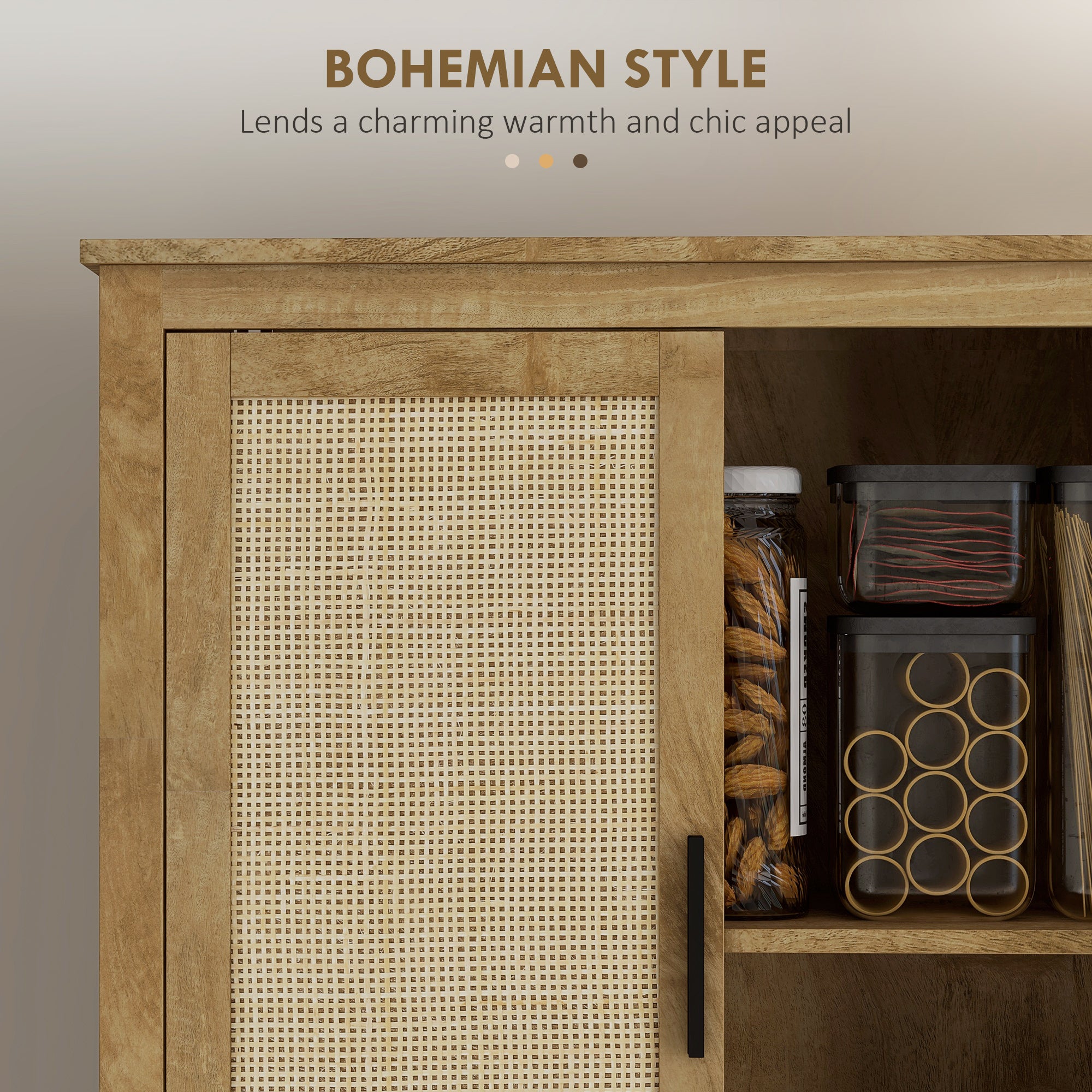 64" Kitchen Pantry Cabinet w/ 4 Rattan Doors, 4 Tier Shelves & Adjustable Shelf, Natural