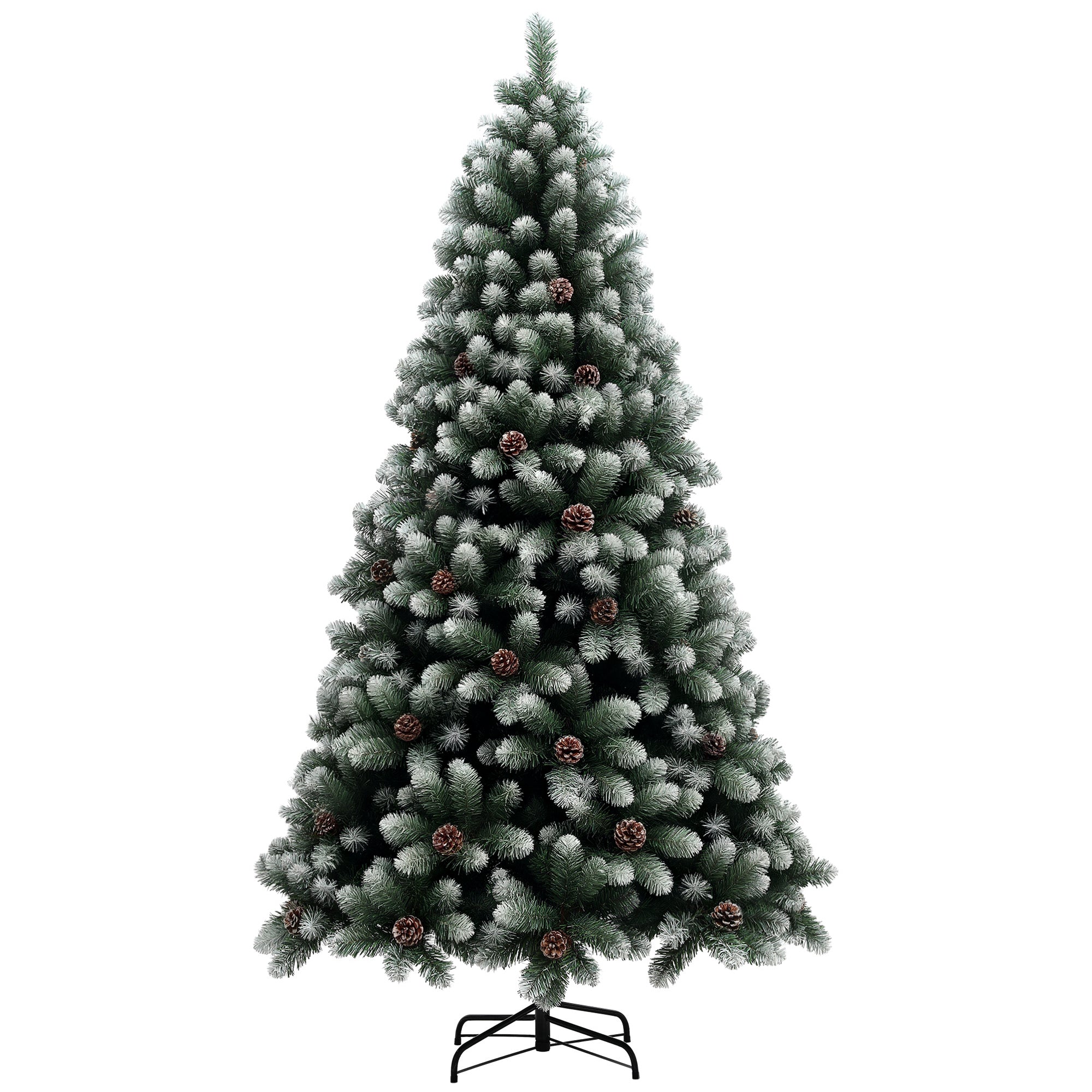 7ft Artificial Pine Christmas Tree with 1152 Branch Tips and Steel Base, Realistic Hinged Tree with Pinecones, Holiday Décor for Home Office, Green