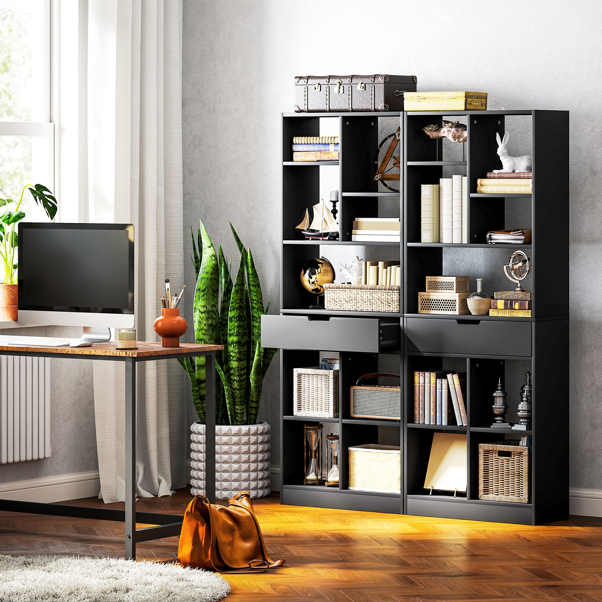 HOMCOM Tall Bookshelf with Drawer, Freestanding Bookcase with Open Shelves, Shelving Unit, Display Rack for Bedroom, Living Room, Home Office, Black