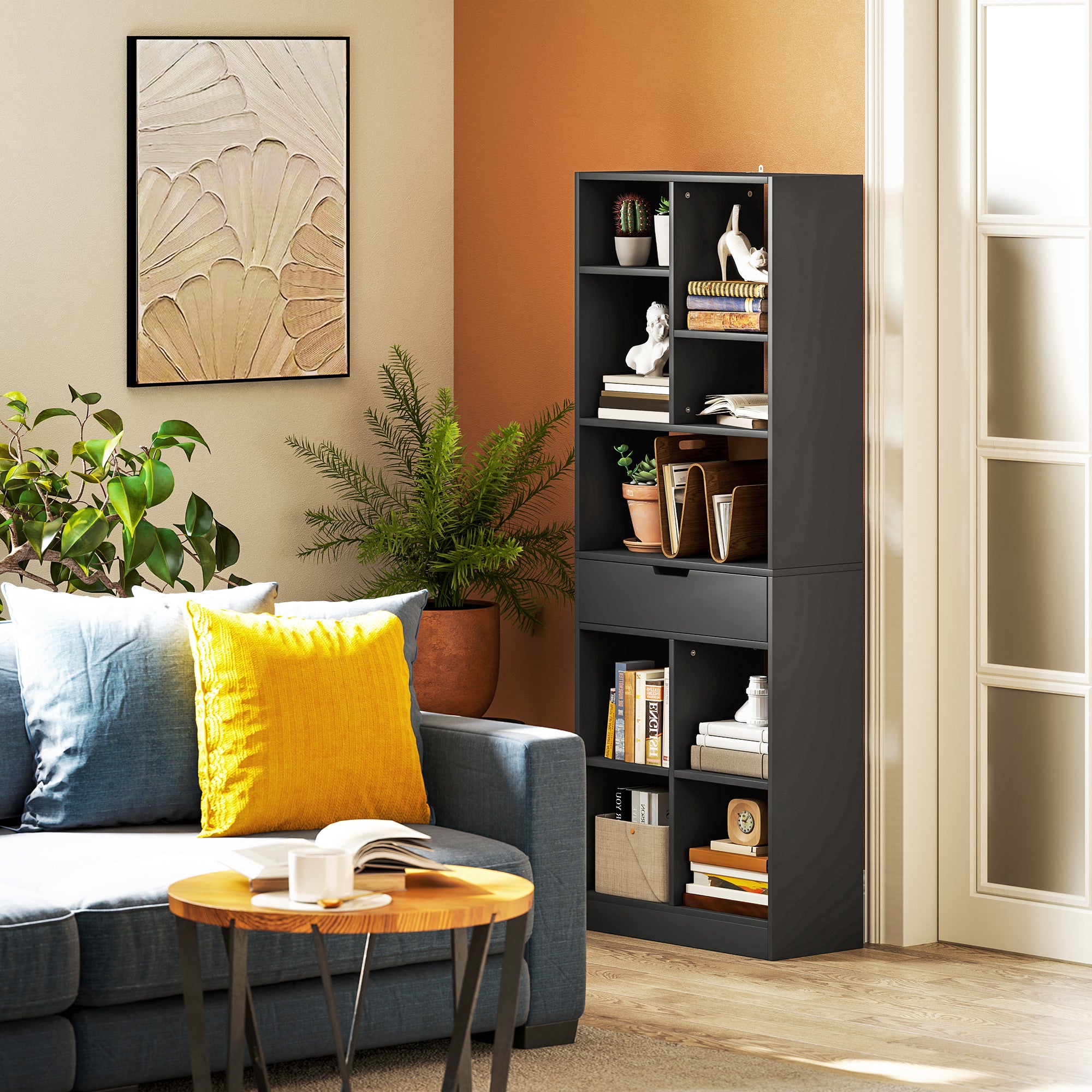 HOMCOM Tall Bookshelf with Drawer, Freestanding Bookcase with Open Shelves, Shelving Unit, Display Rack for Bedroom, Living Room, Home Office, Black