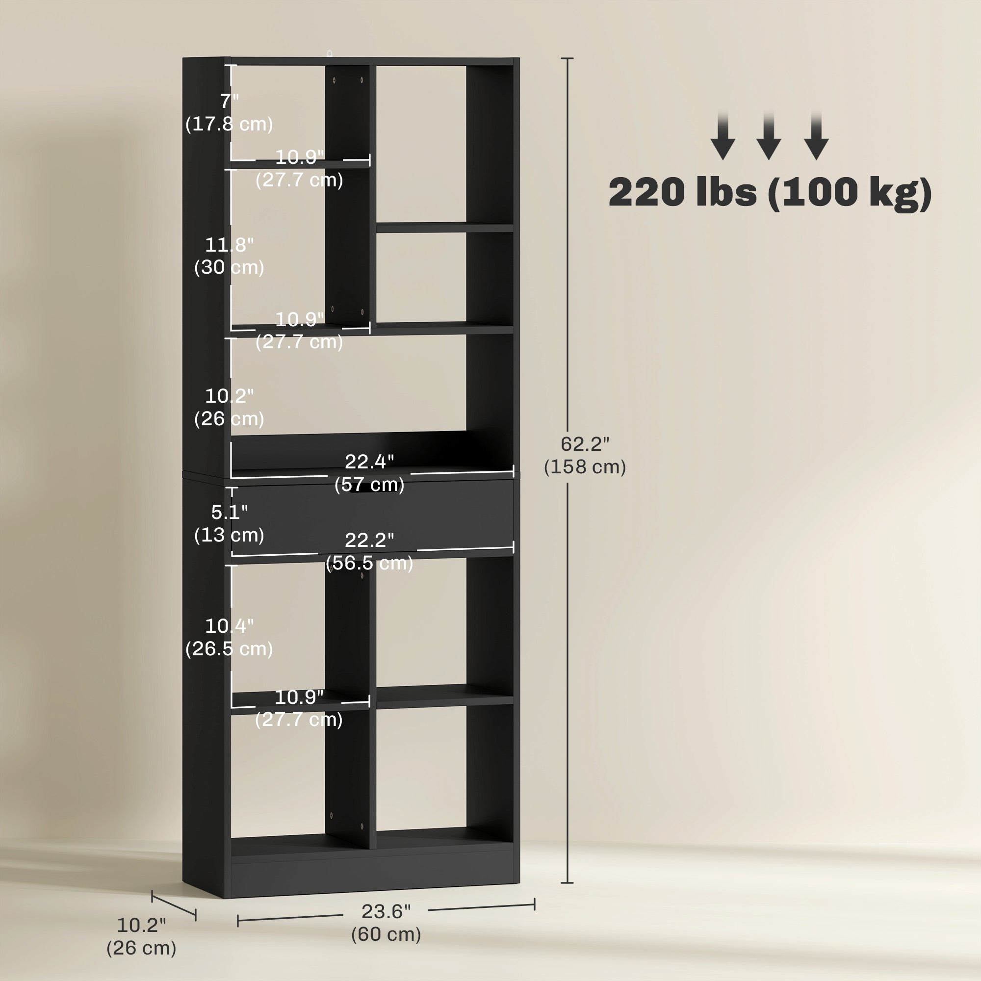 HOMCOM Tall Bookshelf with Drawer, Freestanding Bookcase with Open Shelves, Shelving Unit, Display Rack for Bedroom, Living Room, Home Office, Black