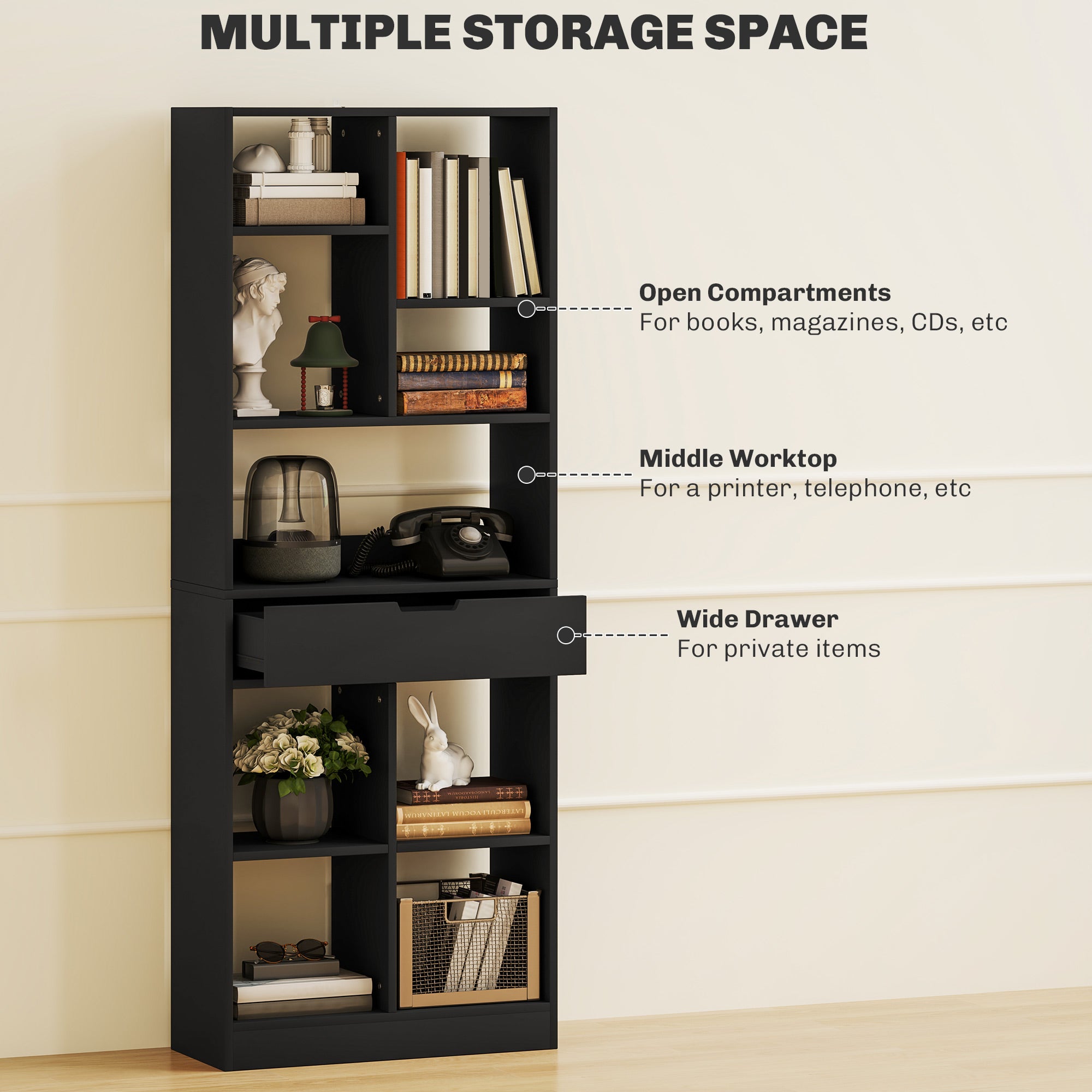 HOMCOM Tall Bookshelf with Drawer, Freestanding Bookcase with Open Shelves, Shelving Unit, Display Rack for Bedroom, Living Room, Home Office, Black