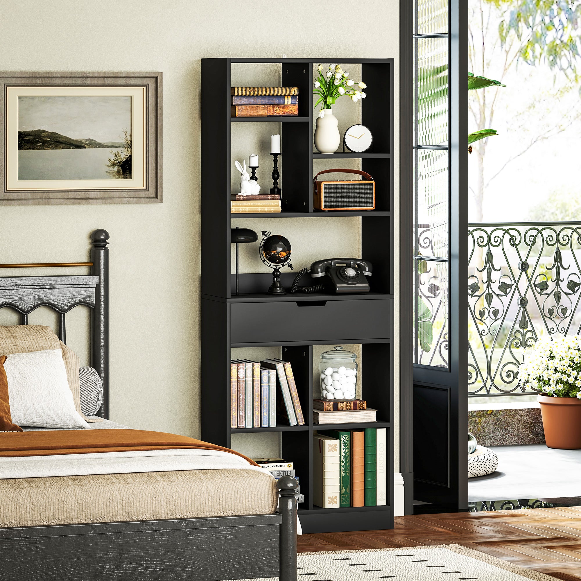 HOMCOM Tall Bookshelf with Drawer, Freestanding Bookcase with Open Shelves, Shelving Unit, Display Rack for Bedroom, Living Room, Home Office, Black