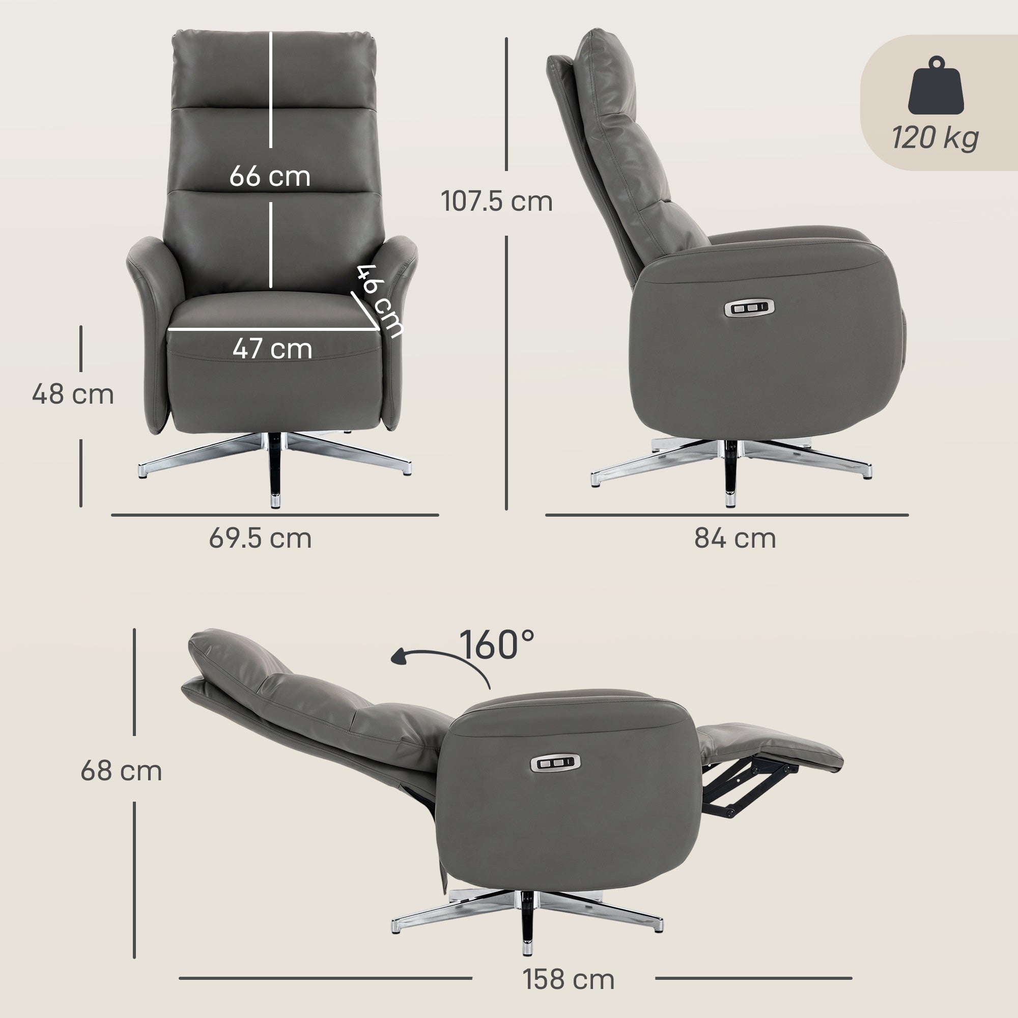 Electric Recliner Armchair, PU Leather Swivel Recliner Chair with Type C+USB, 160° Reclining Chair with Adjustable Leg Rest for Home Living Room Theater, Dark Grey