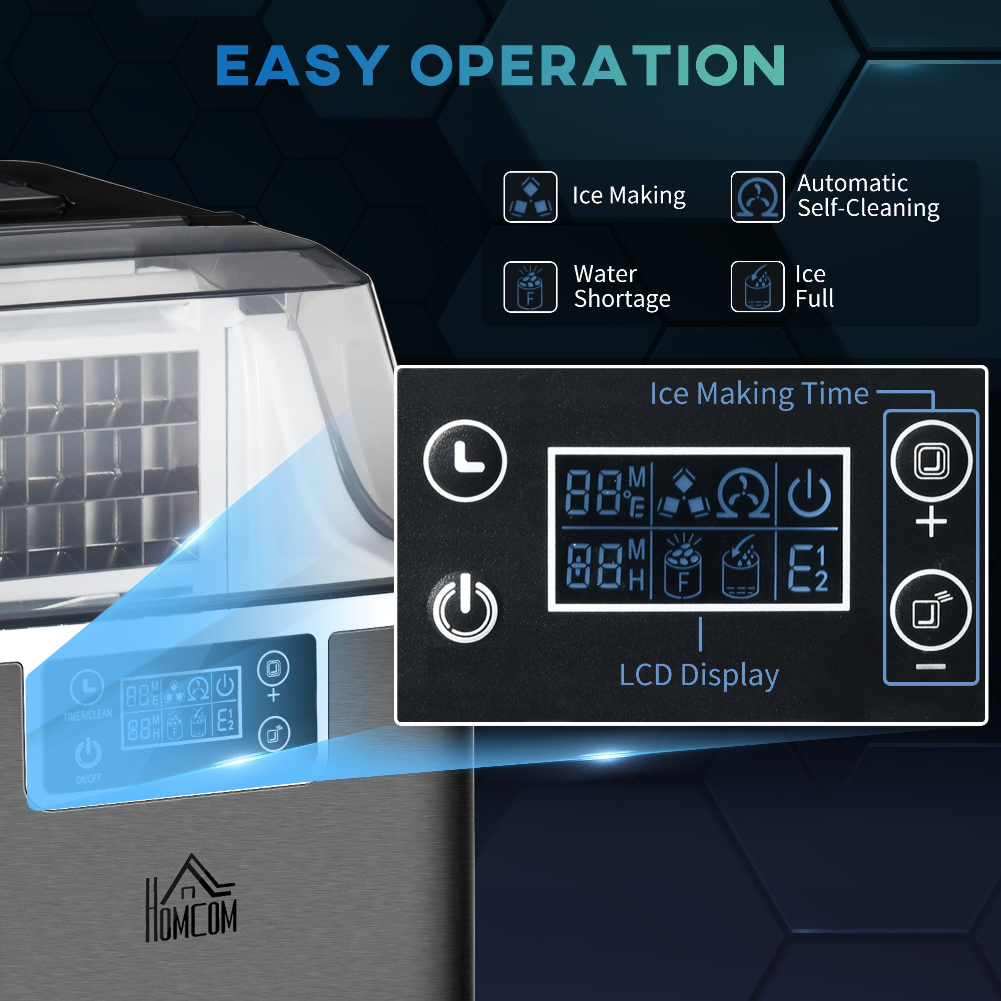 HOMCOM Ice Maker Machine Countertop, Stainless Steel Portable Ice Cube Maker, 2 Ways to Add Water, 24kg/Day, 24 Pcs Ready in 14 Mins, Self-Cleaning with Scoop & Basket, 3.2L, for Home Office, Black