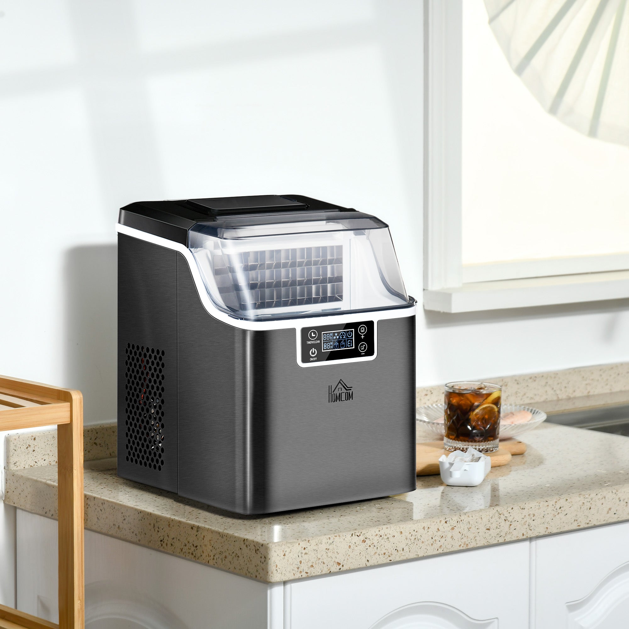 HOMCOM Ice Maker Machine Countertop, Stainless Steel Portable Ice Cube Maker, 2 Ways to Add Water, 24kg/Day, 24 Pcs Ready in 14 Mins, Self-Cleaning with Scoop & Basket, 3.2L, for Home Office, Black