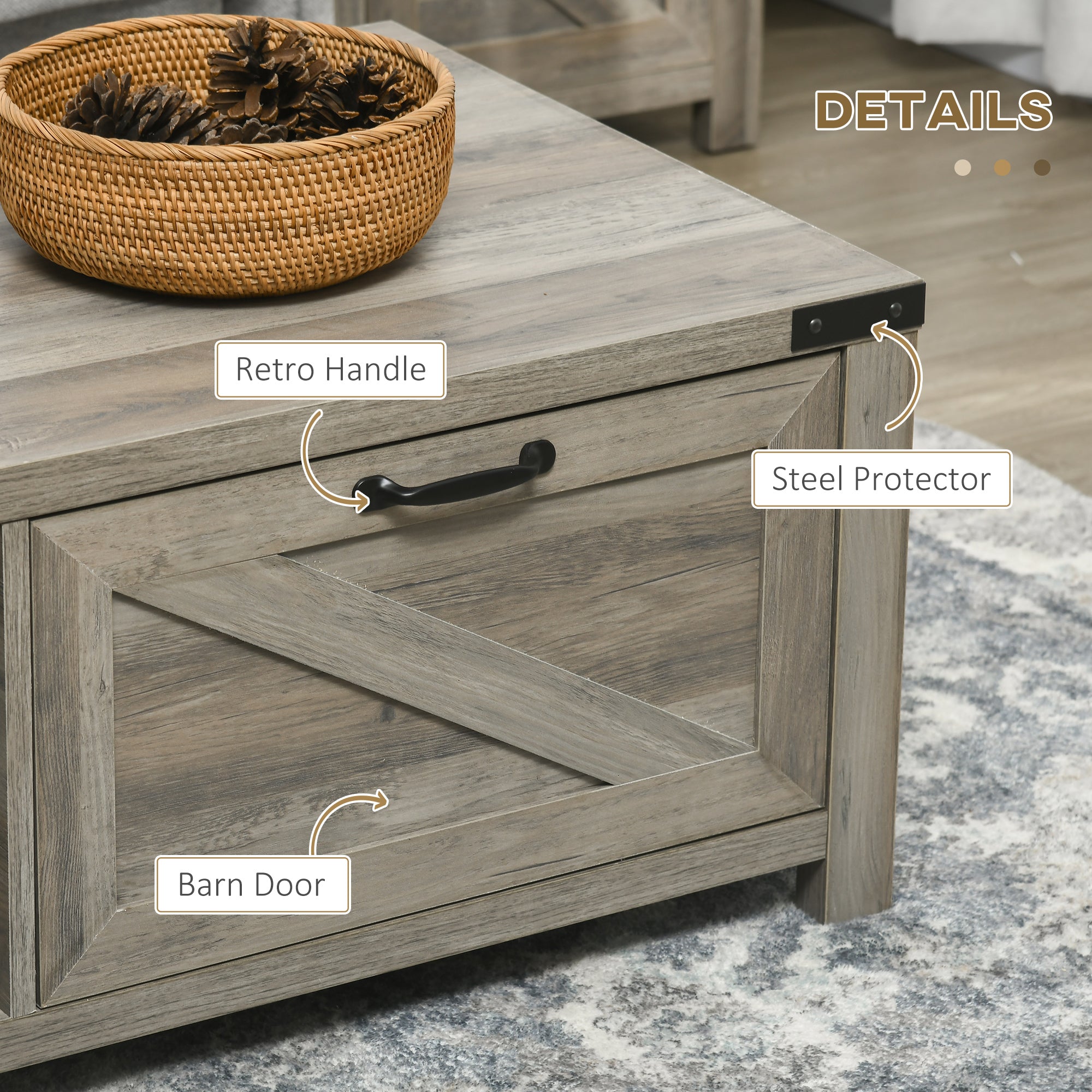 Farmhouse Coffee Table w/ Storage, Drawer & Open Shelf, Rustic Living Room Table, Gray Oak