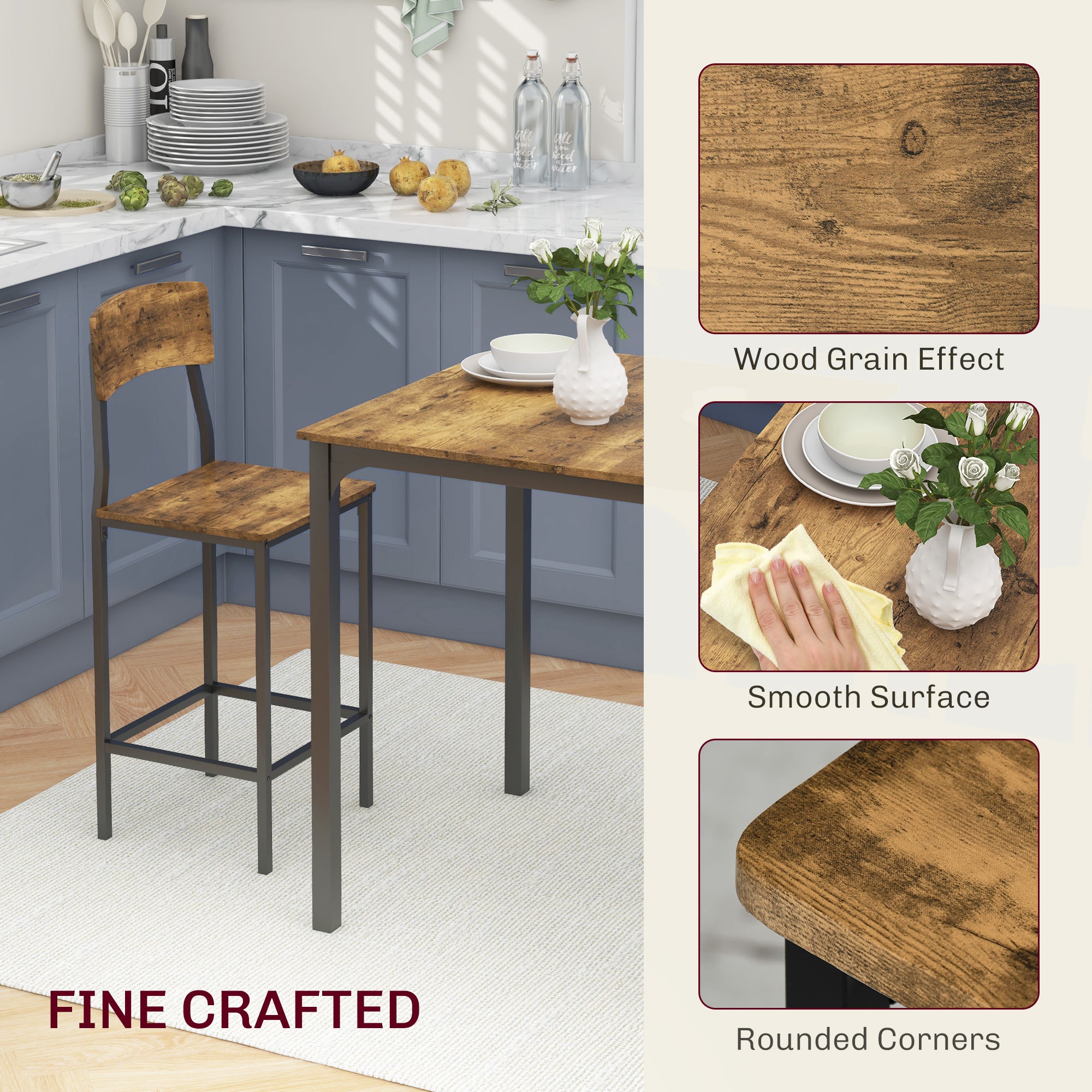 3 Piece Industrial Counter Height Dining Table Set w/ Steel Legs & Footrests, Rustic Brown