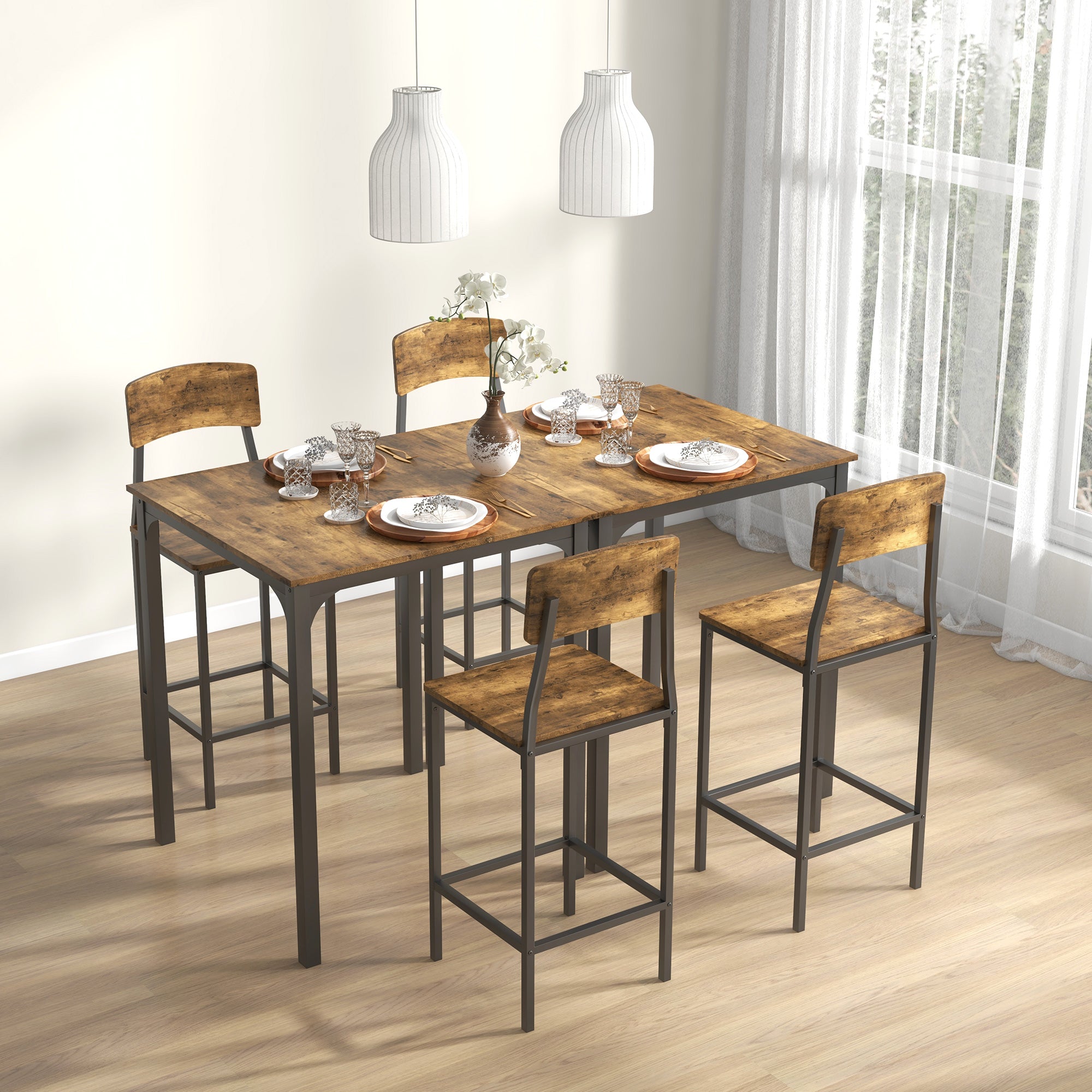 3 Piece Industrial Counter Height Dining Table Set w/ Steel Legs & Footrests, Rustic Brown