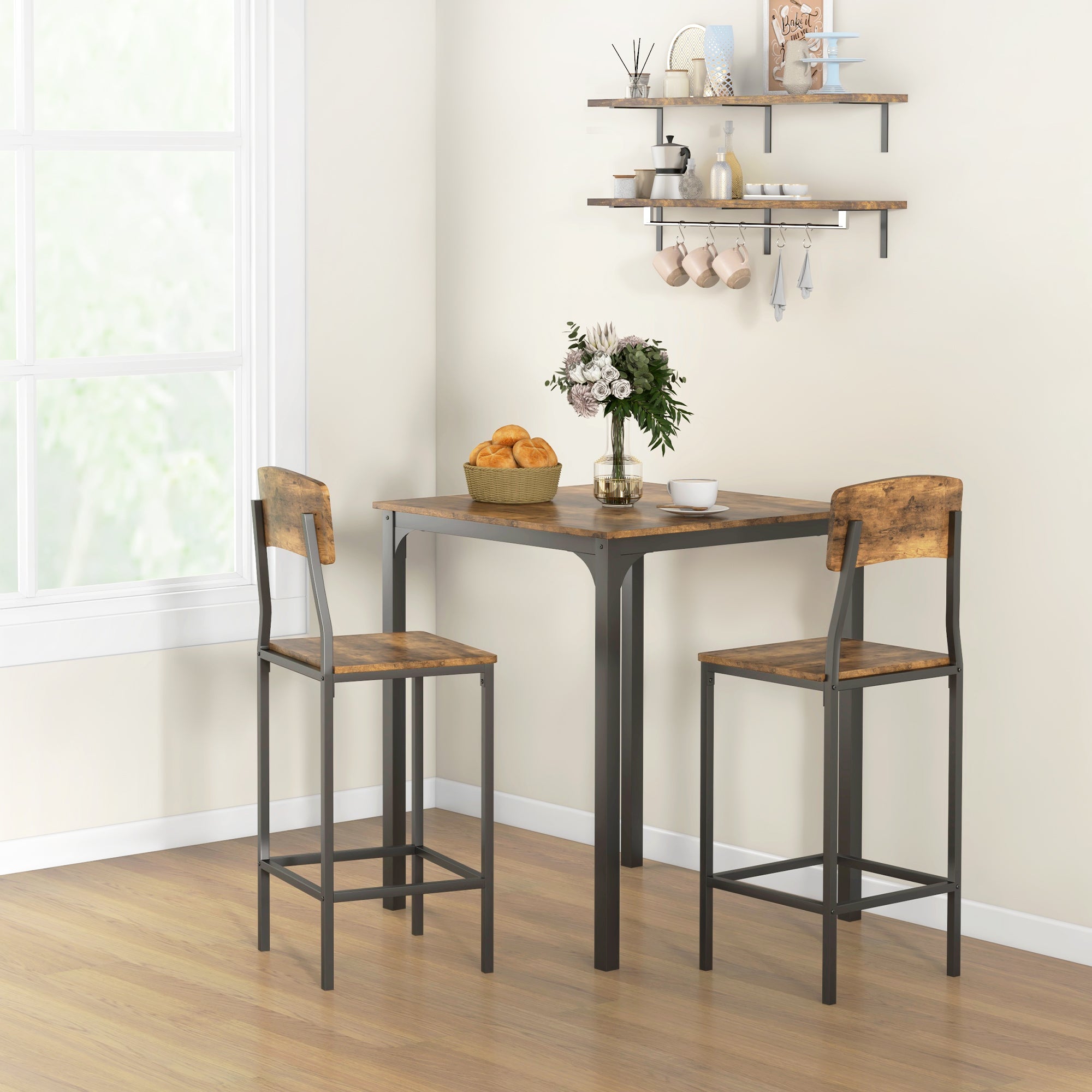 3 Piece Industrial Counter Height Dining Table Set w/ Steel Legs & Footrests, Rustic Brown