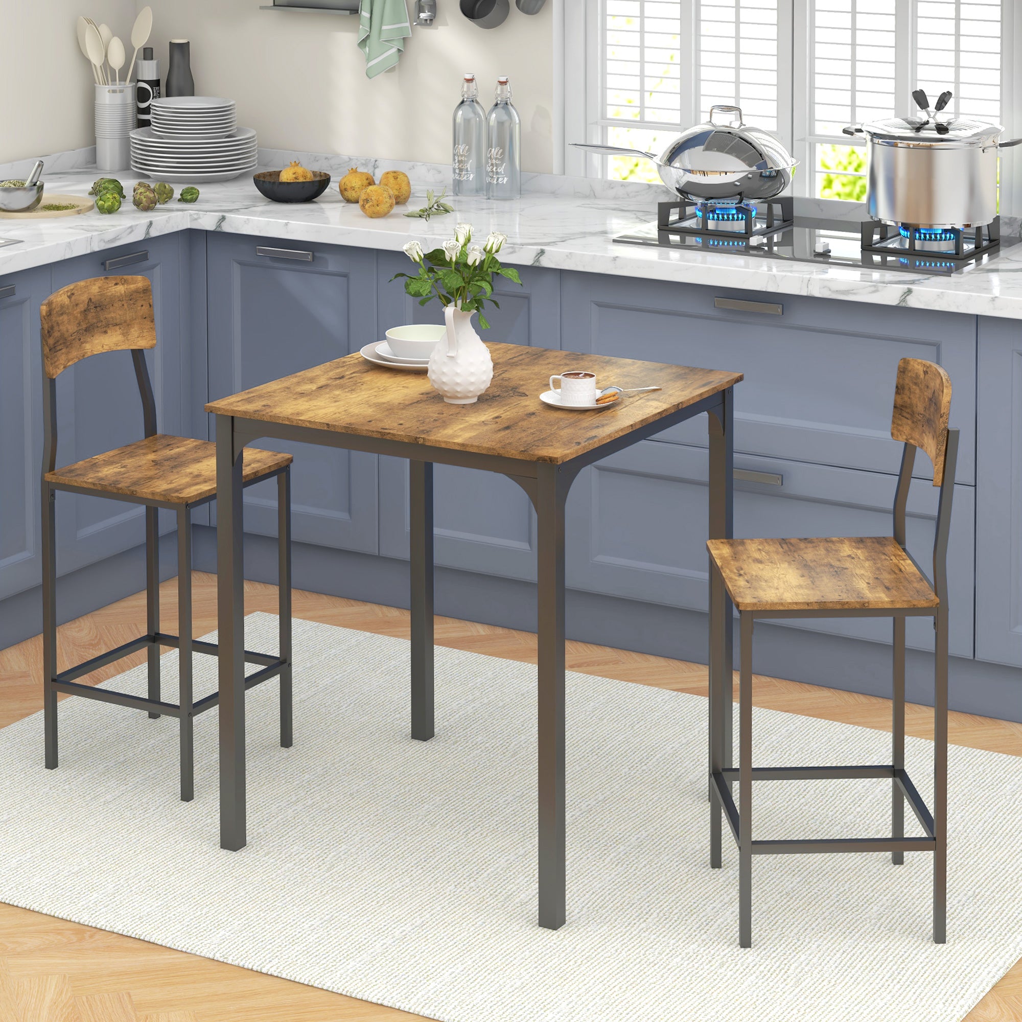 3 Piece Industrial Counter Height Dining Table Set w/ Steel Legs & Footrests, Rustic Brown