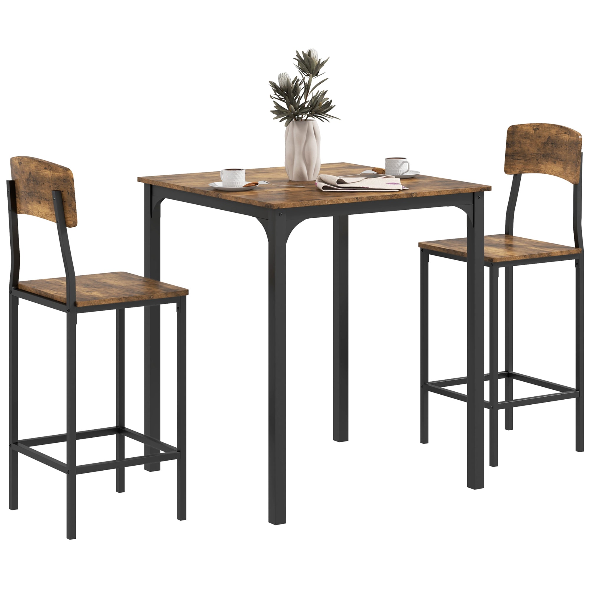 3 Piece Industrial Counter Height Dining Table Set w/ Steel Legs & Footrests, Rustic Brown
